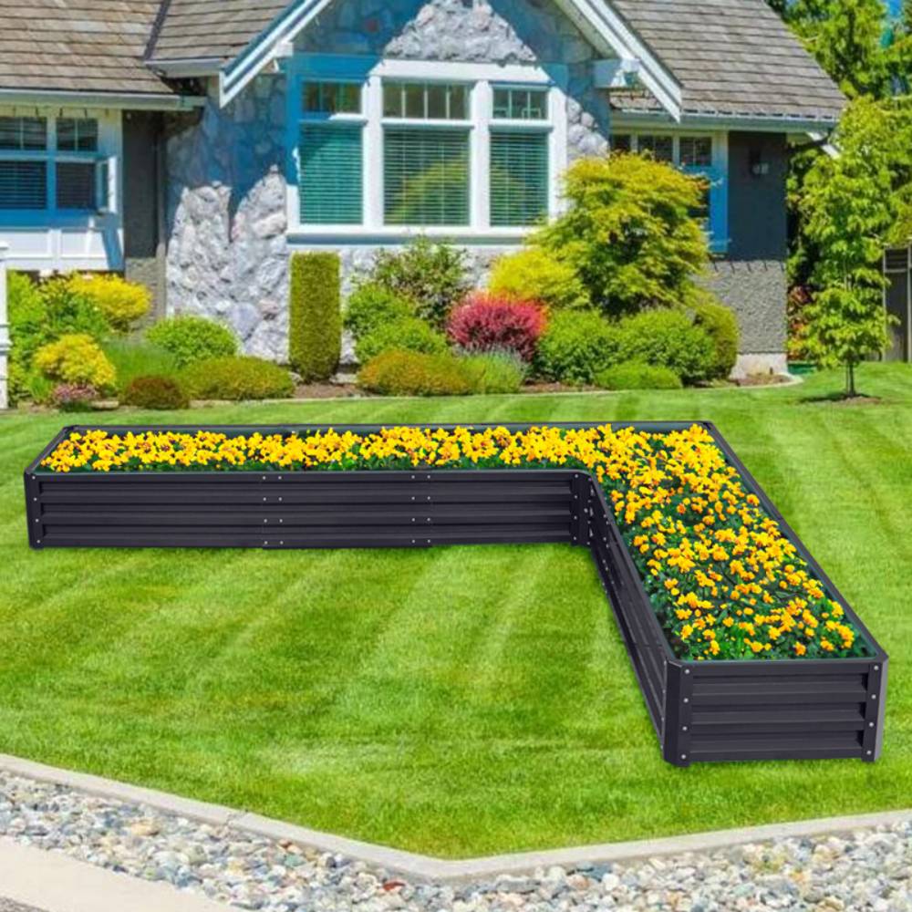 L-shaped Galvanized Steel Raised Garden Bed Raised Planter Box | Charcoal Black