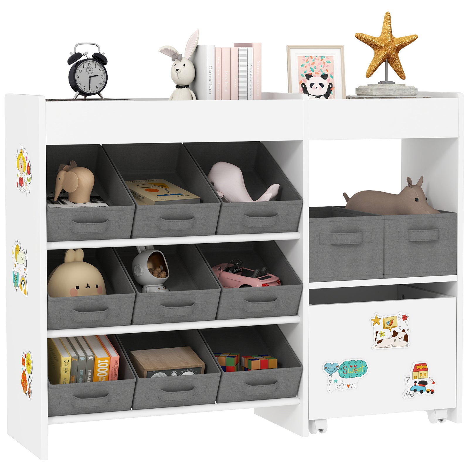 Kids Toy Storage Unit With 11 Fabric Bins, 3 Stickers | White