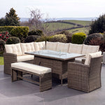 Piana 10 Seat Rattan Corner Sofa With Firepit Table, Bench And Chair | Cream & Brown