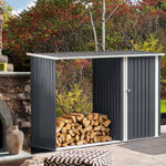 Steel Outdoor Storage Shed With Firewood Log Rack Waterproof Metal Garden Tool Organizer | One Size | Charcoal Black