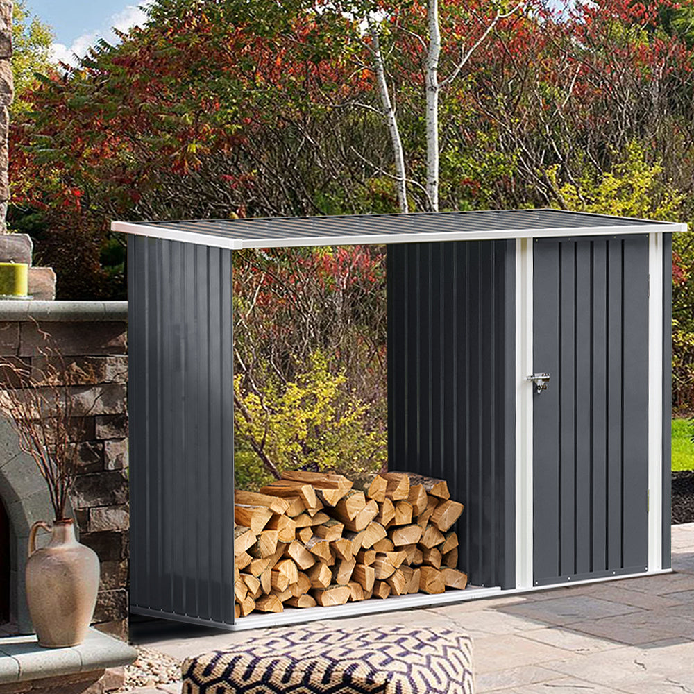 Steel Outdoor Storage Shed With Firewood Log Rack Waterproof Metal Garden Tool Organizer | One Size | Charcoal Black