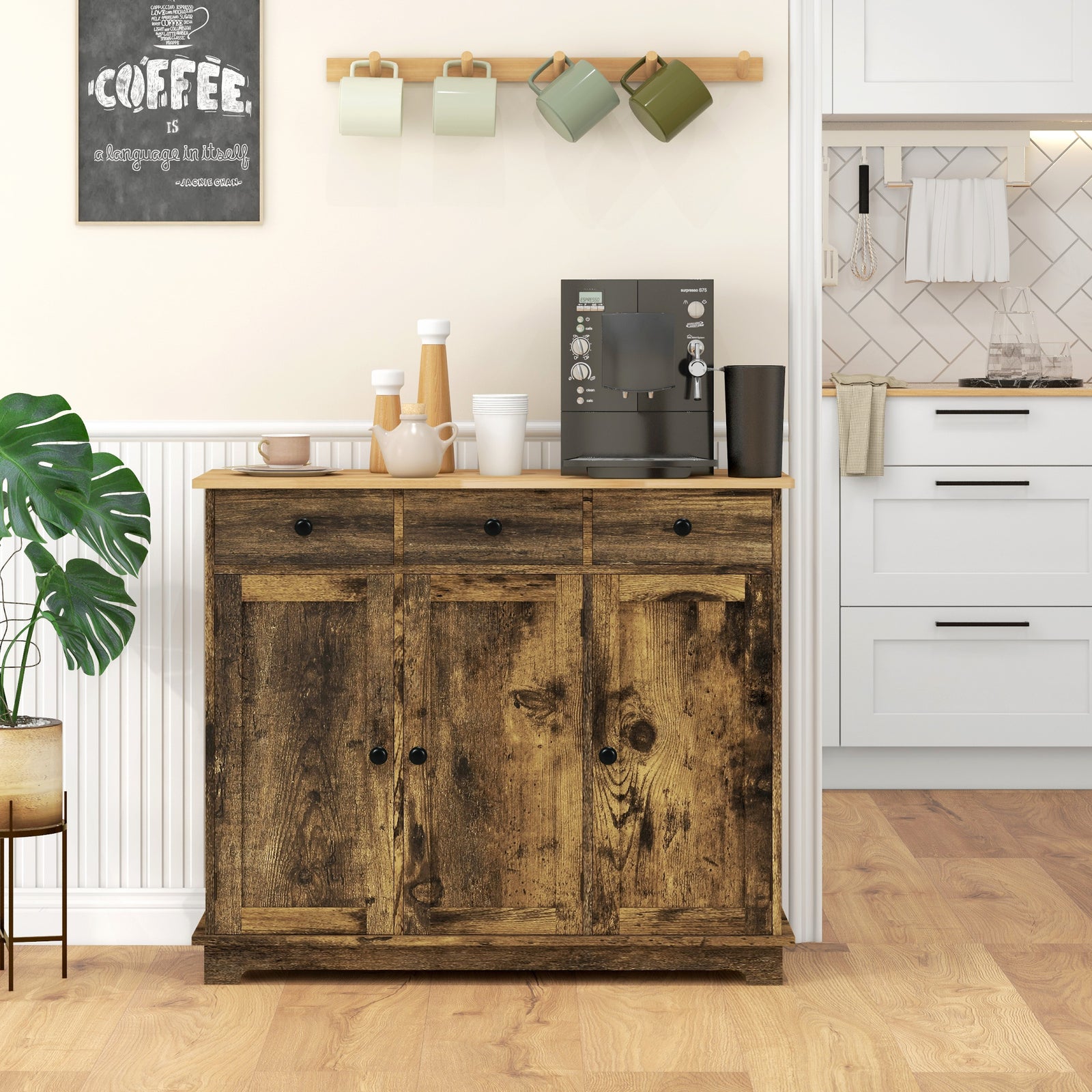 Sideboard Buffet Cabinet With Rubber Wood Top And Drawers | Brown