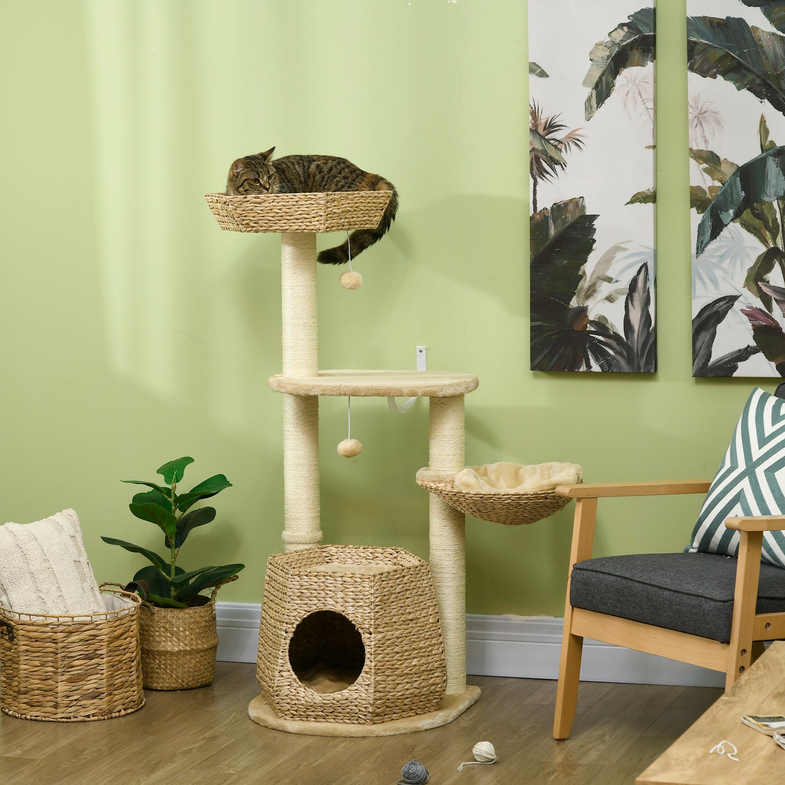 Cat Tree Activity Centre With Cattail Fluff Bed House Sisal Post Ball