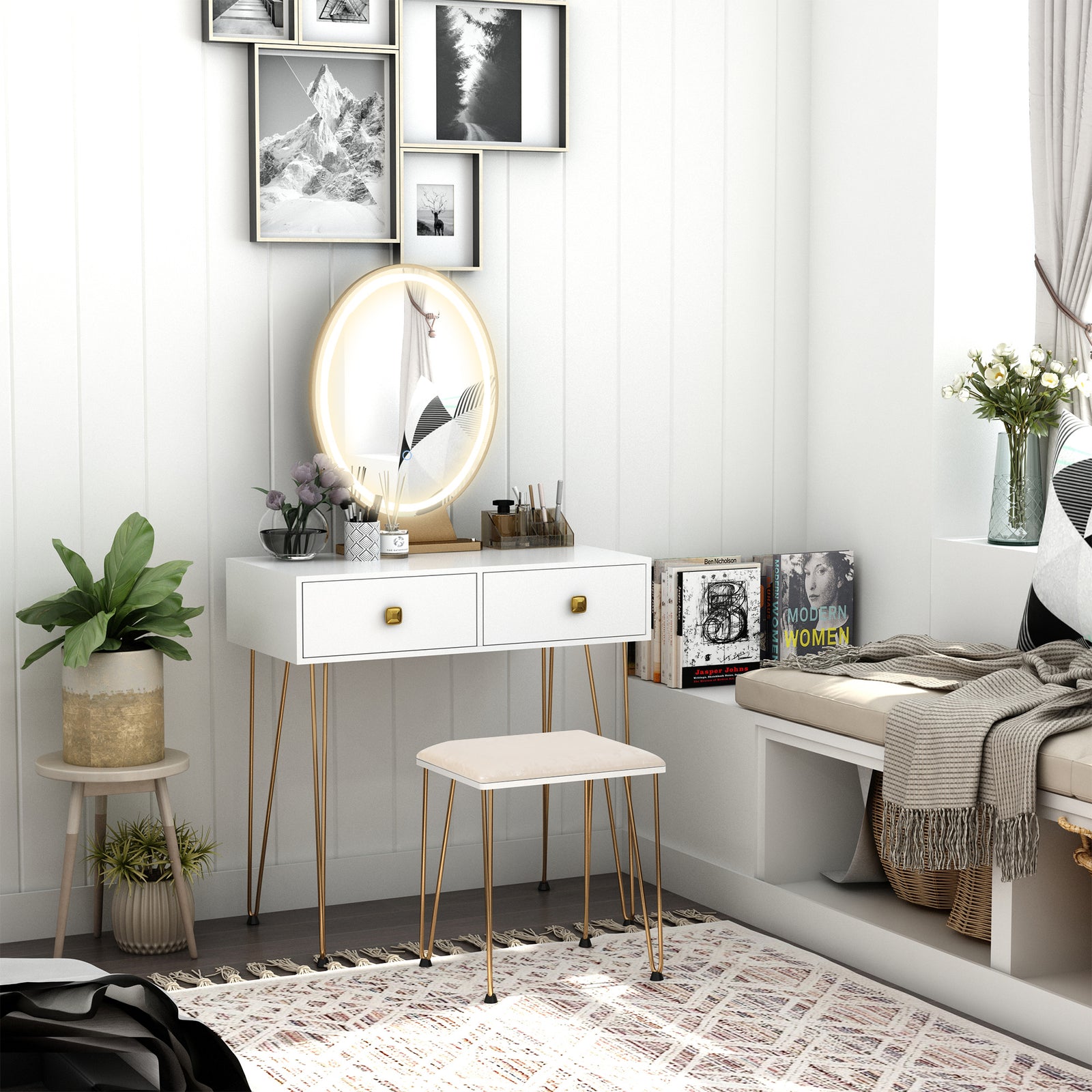 Dressing Table Set With Led Mirror & Stool 2 Drawers