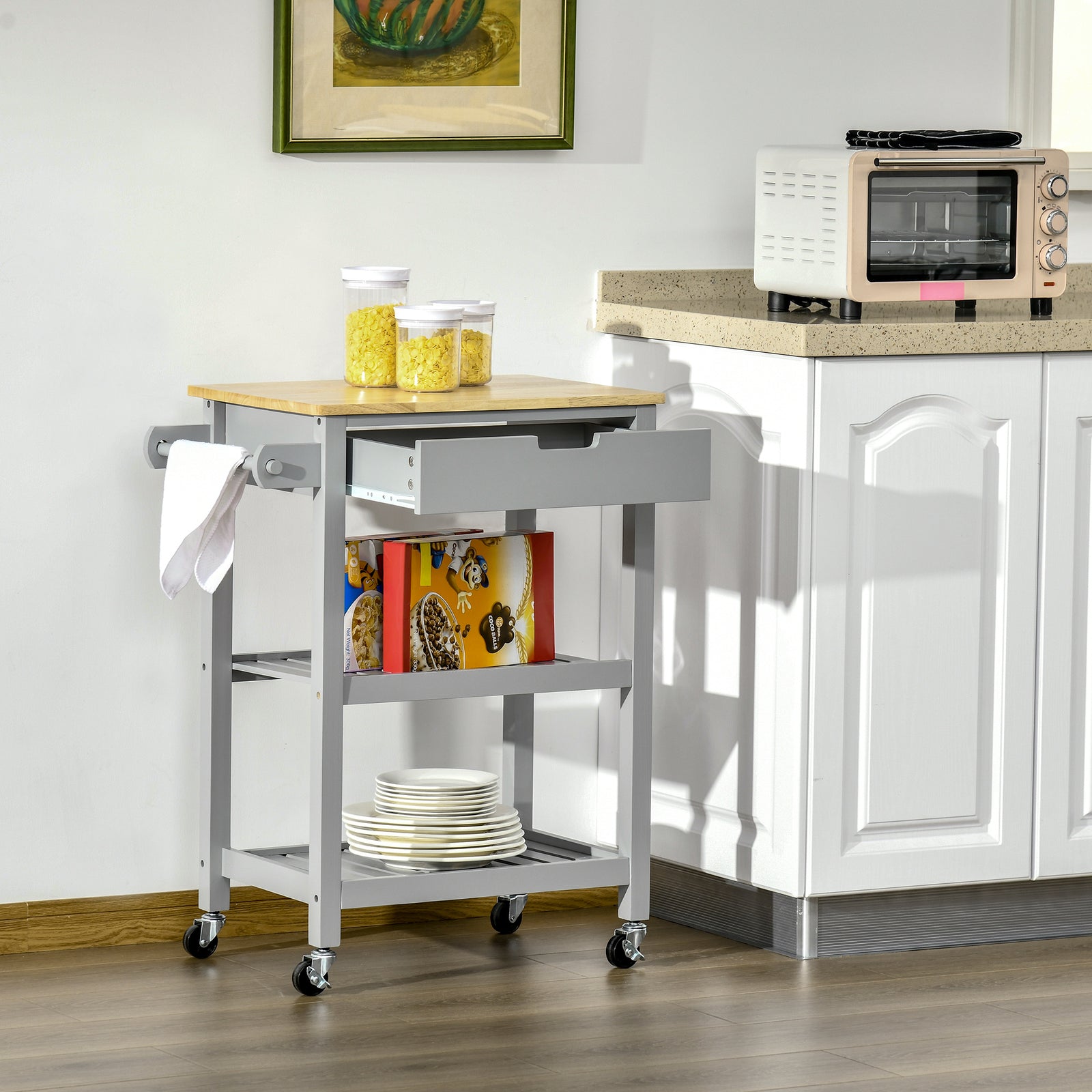 Utility Trolley With Worktop, Towel Rack, Drawer