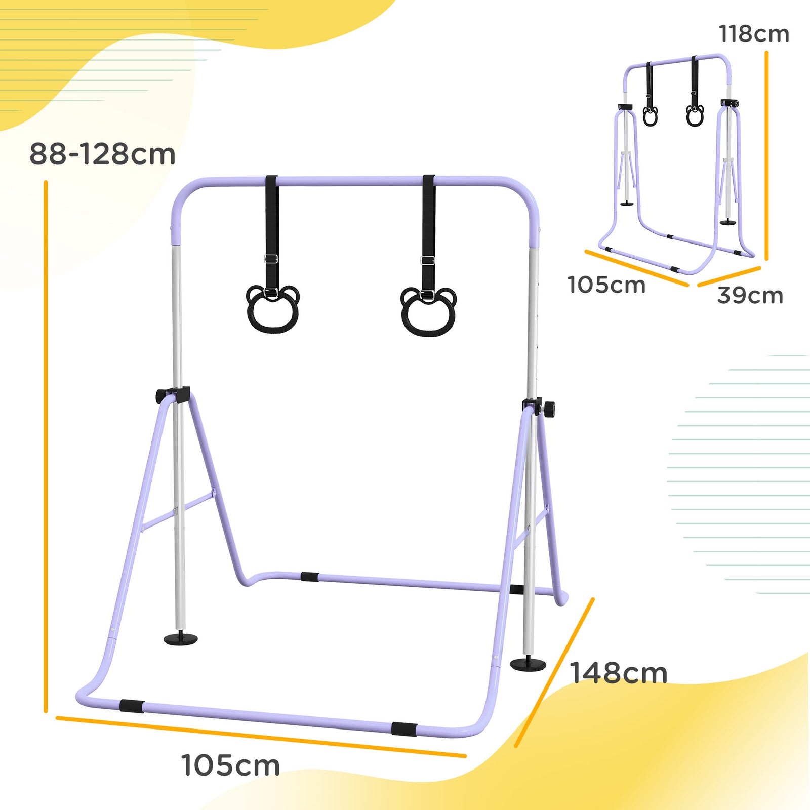 Adjustable Height Foldable Kids Gymnastics Bar With Non-slip Mats | Purple