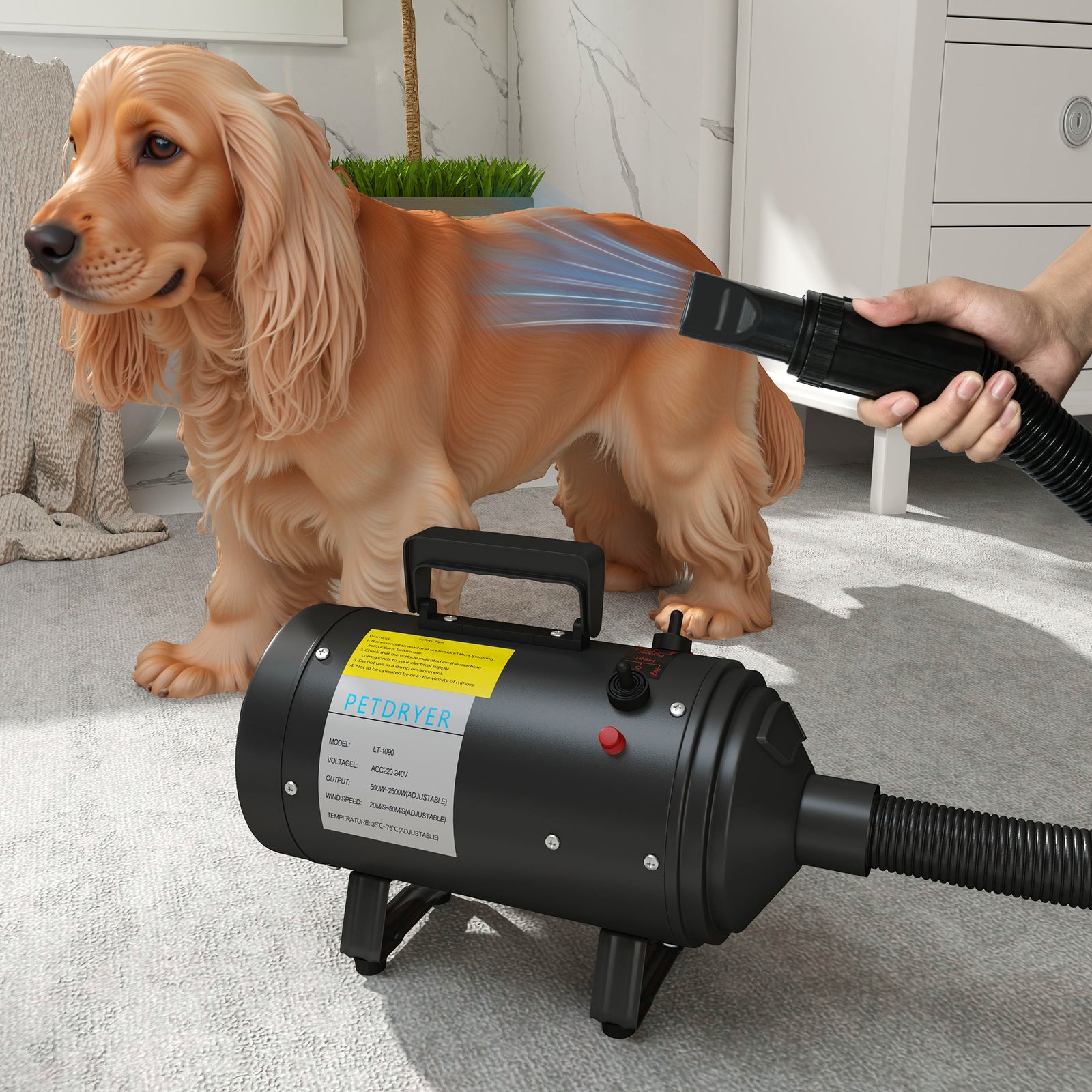 2200w Dog Hair Dryer, Pet Grooming Hair Dryer With 3 Different Nozzles | Black
