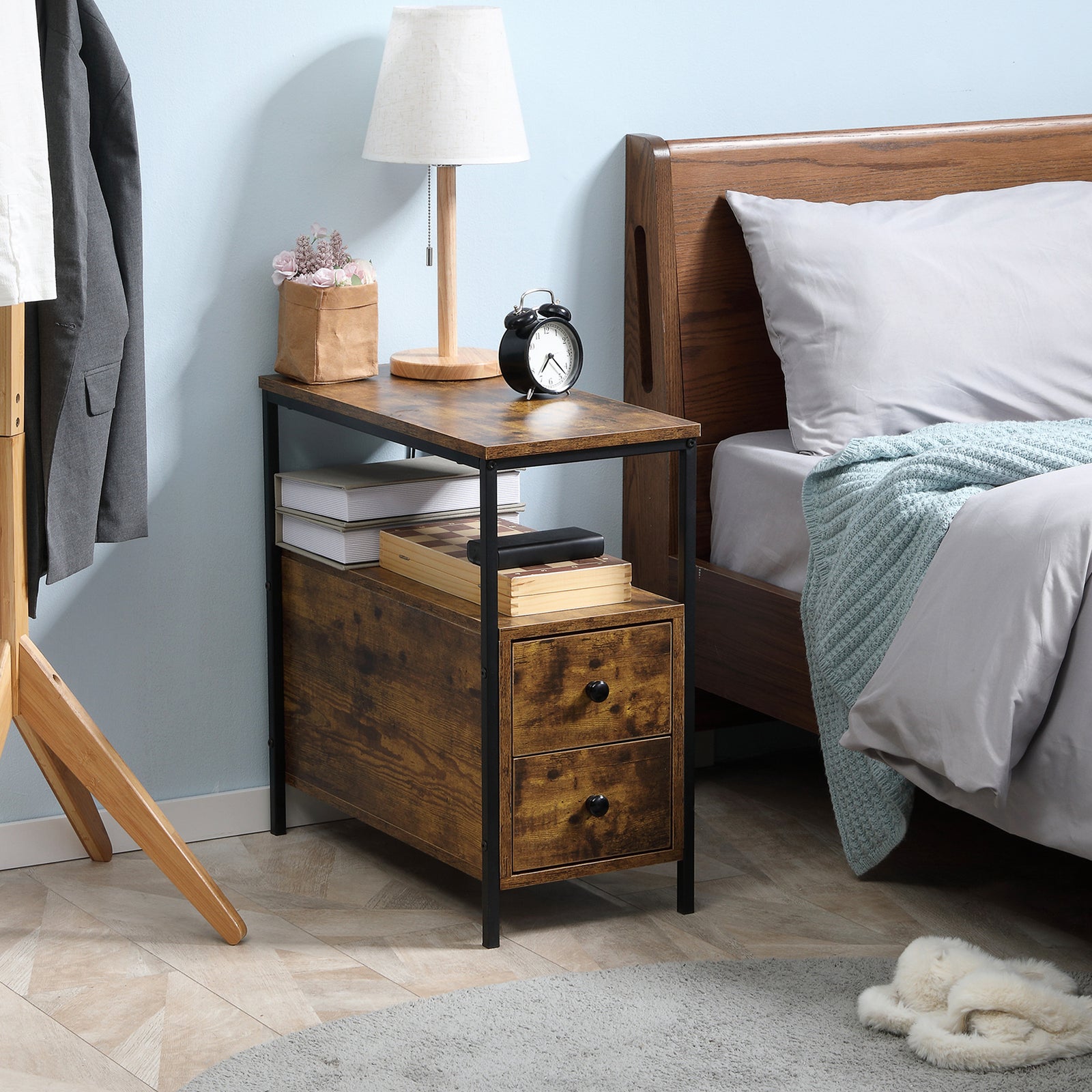 Slim Side Table End Table With 2 Drawers & Storage Shelf | Brown