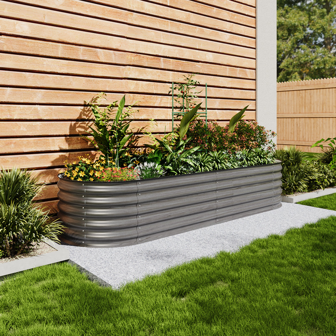 160/240/360cm W X 80cm D X 42cm H Outdoor Galvanized Steel Raised Garden Bed With Trellis | Medium | Mixed Grey