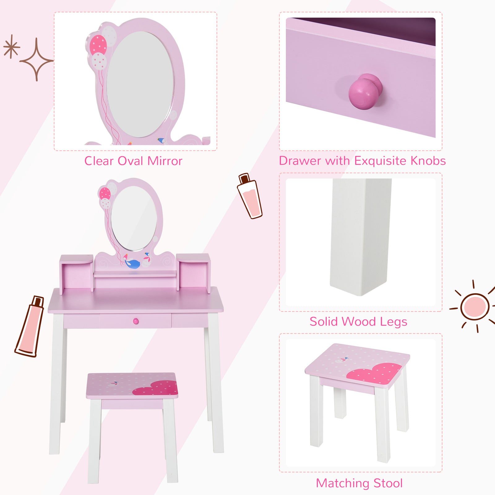 Kids Wooden Dressing Table With Stool Mirror Table And Desk Set Toys Pink