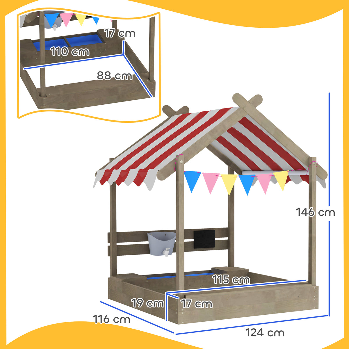 Sand Pit With Canopy, Blackboard, Toys, Sink, Seats, Flags For Kids | Grey