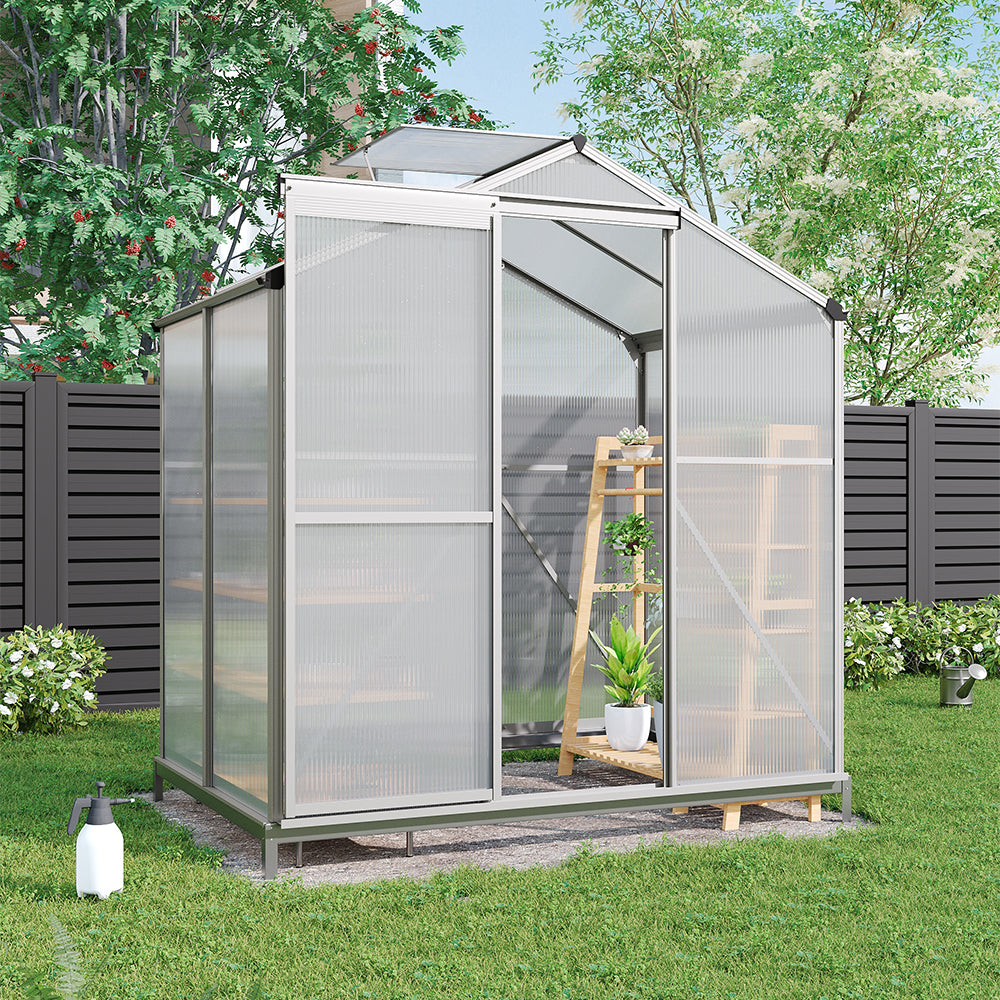 Polycarbonate Greenhouse With Base– Aluminum Frame Walk-in Greenhouse With Sliding Door & Ventilation Window For Plants & Flowers | Medium | Clear