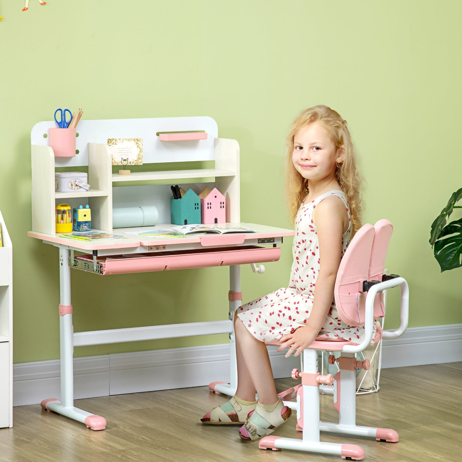 Kids Desk And Chair Set With Storage Shelves, Washable Cover | Pink