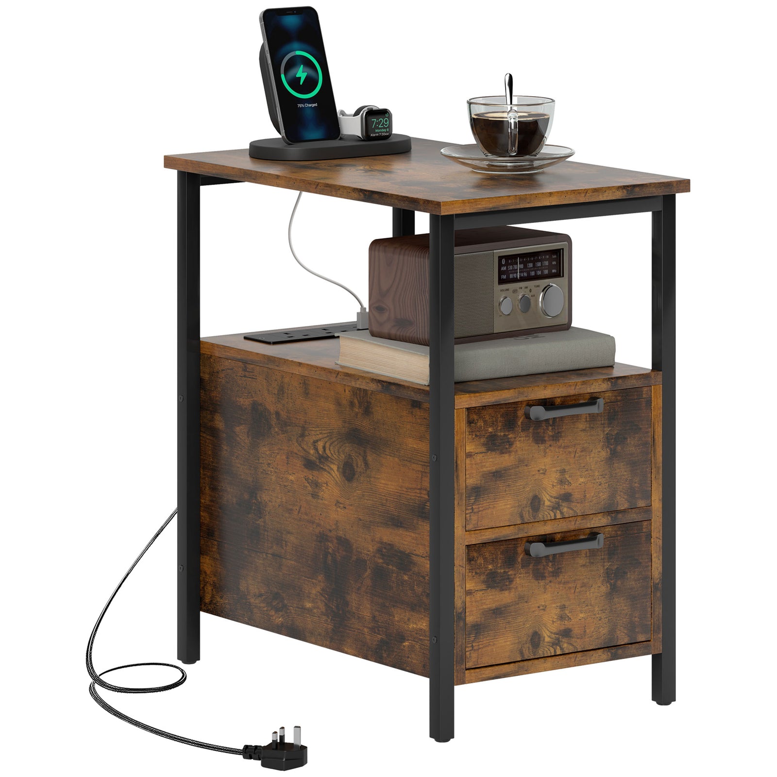 Bedside Table W/ Charging Station, Rustic Brown