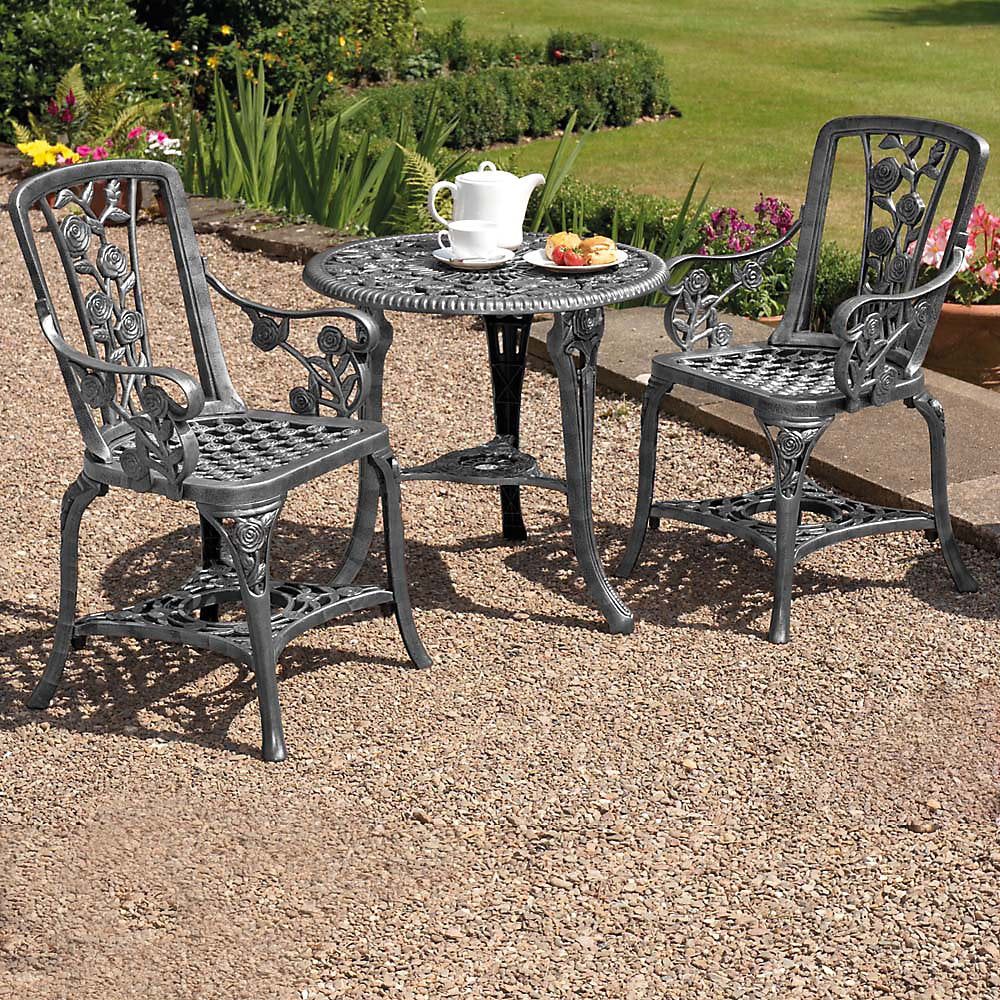 Rose Design Three Piece Bistro Set | Pewter