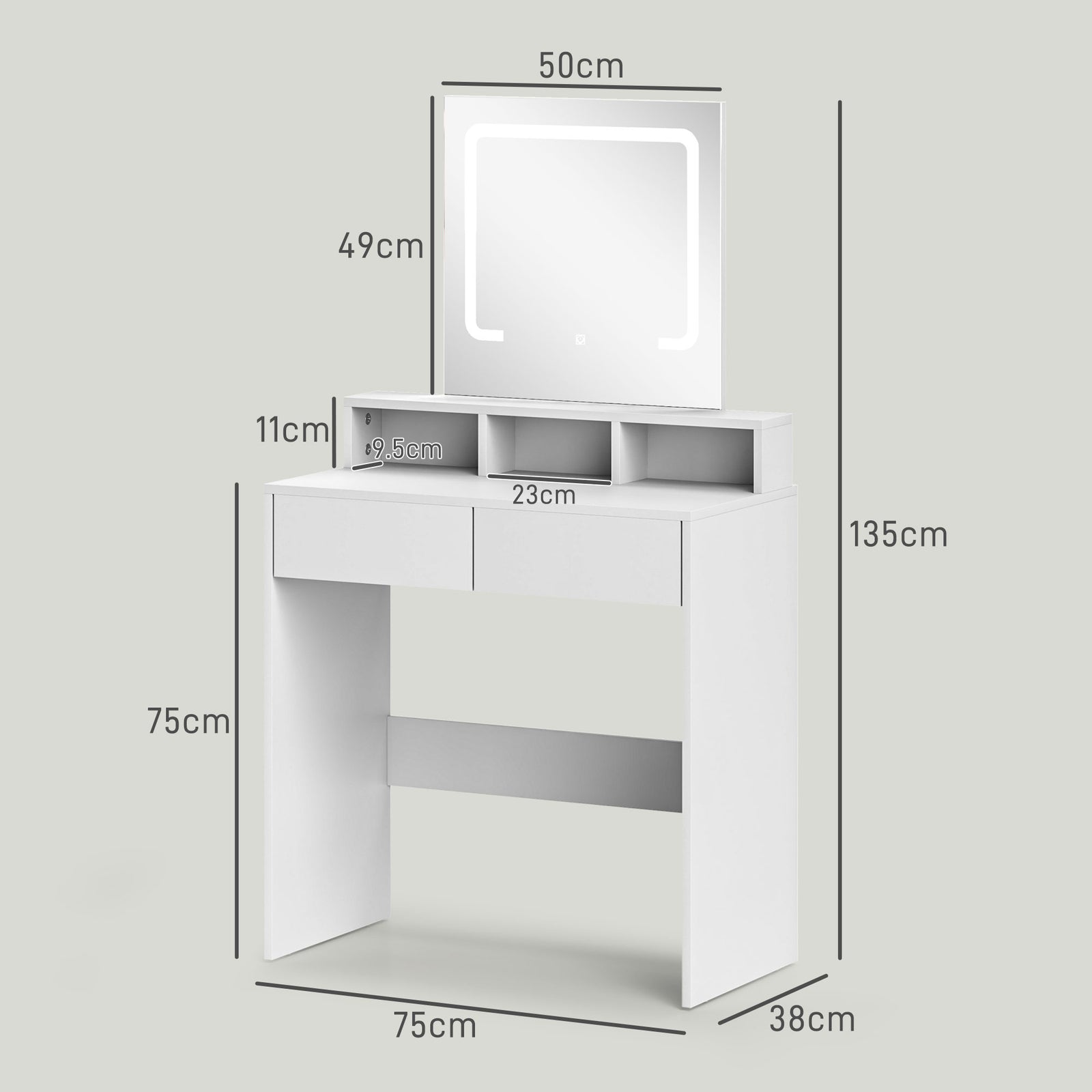 HOMCOM Dressing Table With Mirror, Led Lights, Drawers, For Bedroom, White