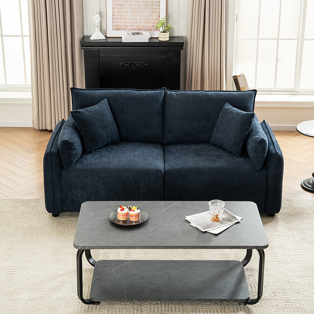 2-seater Chenille Sofa, Modern Upholstered Couch With Deep Cushions, Throw Pillows, Sturdy Wood & Iron Frame | Blue