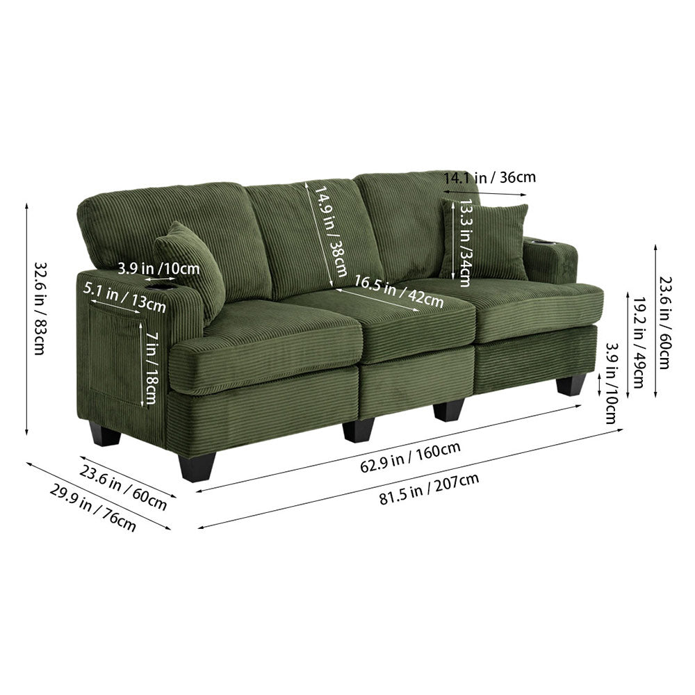 Corduroy 3-seater Couch For Living Room With Cup Holders, Wooden Frame, Soft Cushions, Modern Sofa | Green