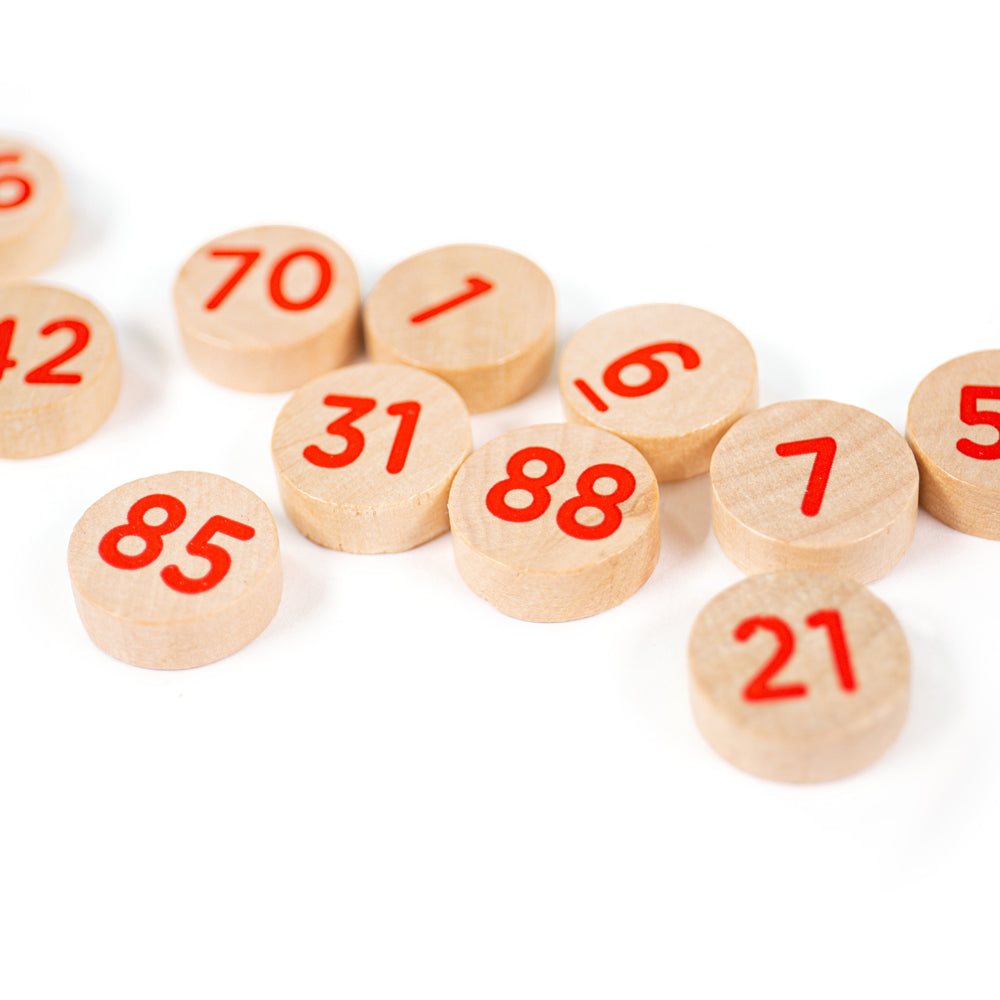 Traditional Wooden Bingo Game, 105 Play Pieces, 4 Players