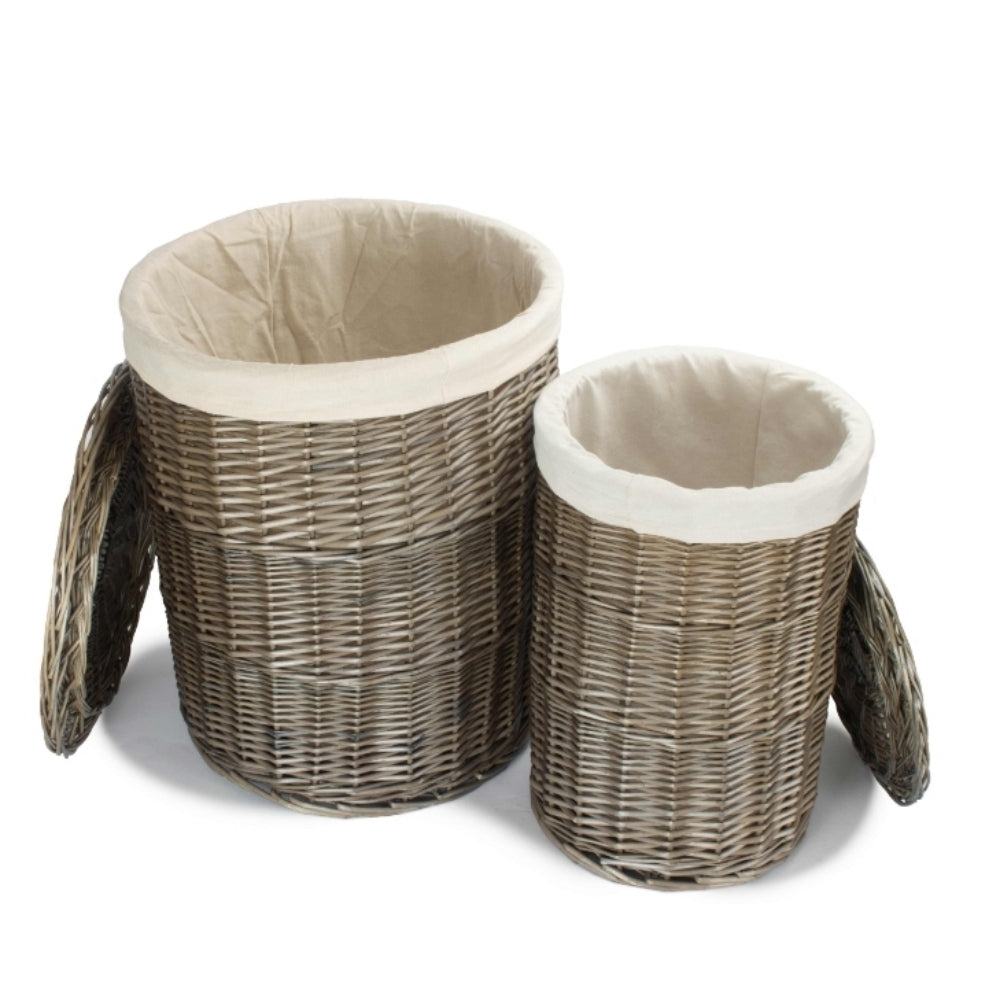 White Cotton Lined Wicker Antique Wash Round Laundry Baskets | Set of 2 | White