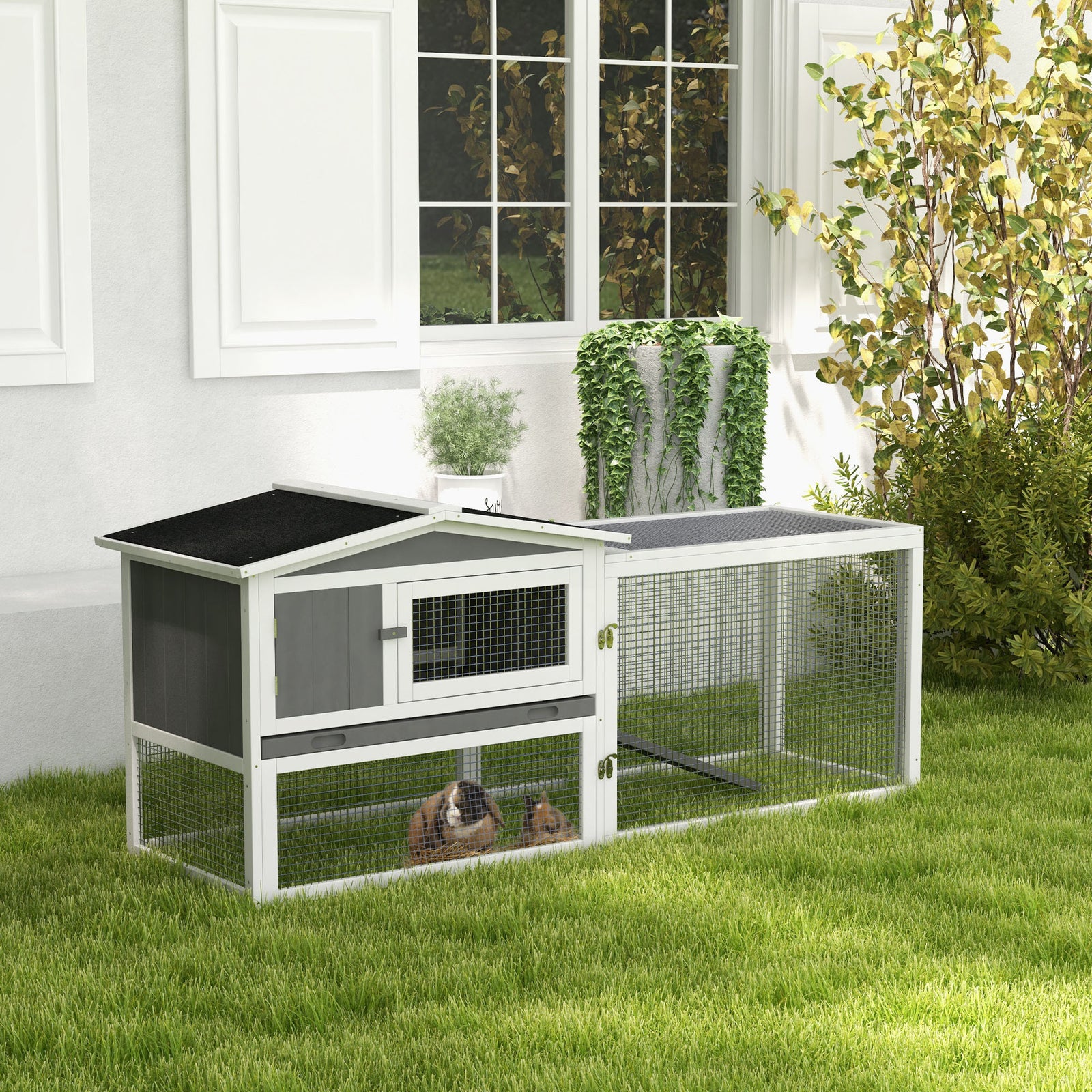 Rabbit Hutch And Run Outdoor W/ Sliding Tray Hay Rack Ramp, 156x58x68cm | Gray