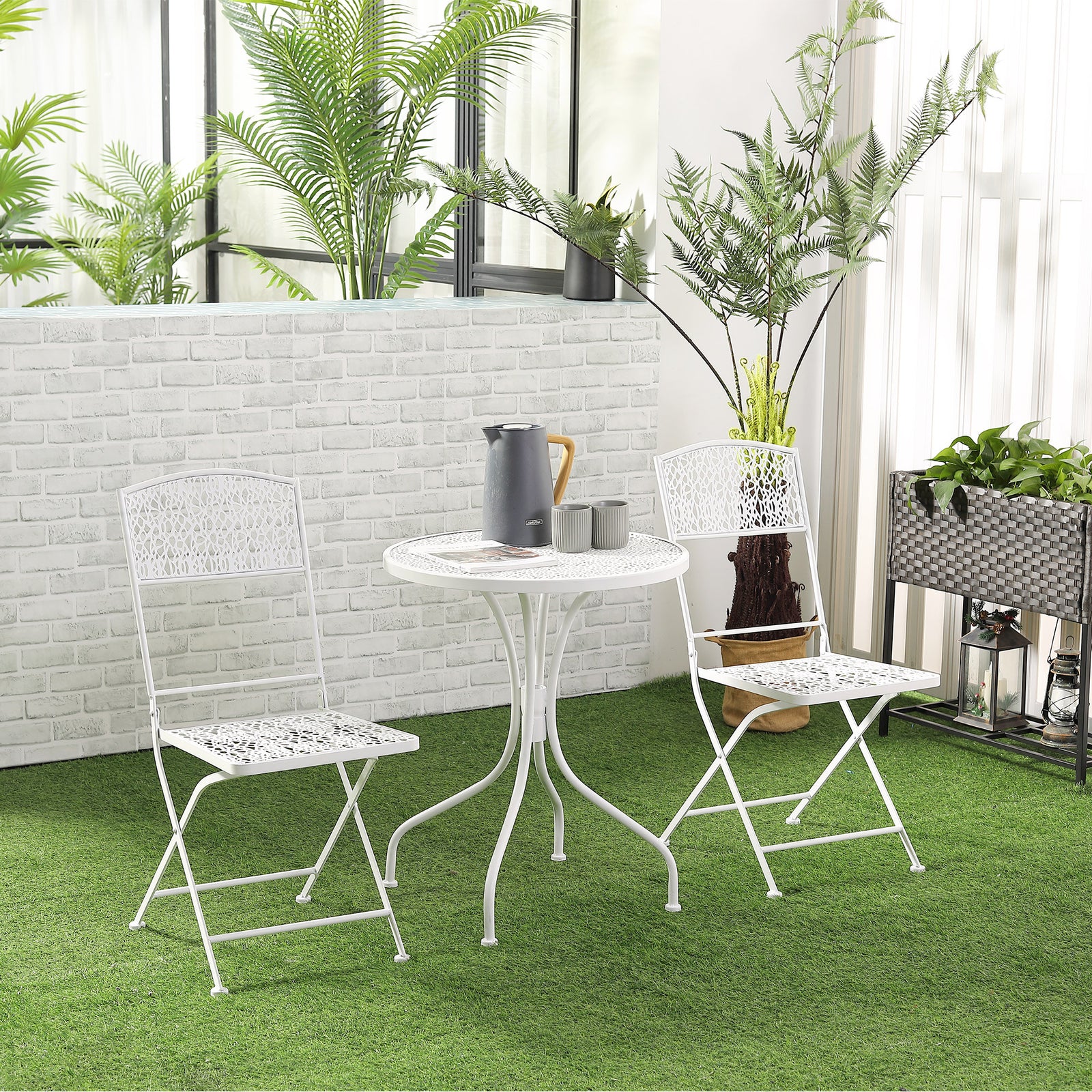 Garden Bistro Set For 2 With Folding Chairs And Round Table