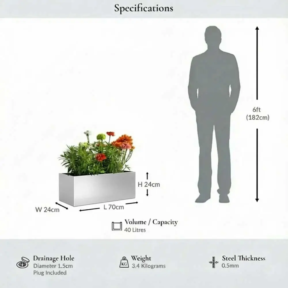 Zinc Galvanised Trough Planter | 70cm x 24cm x 24cm | Silver