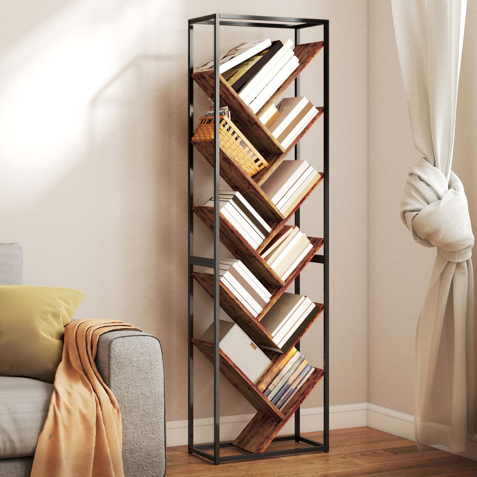 10 Tier Tree Bookshelf Industrial Tall Bookcase | Rustic Brown