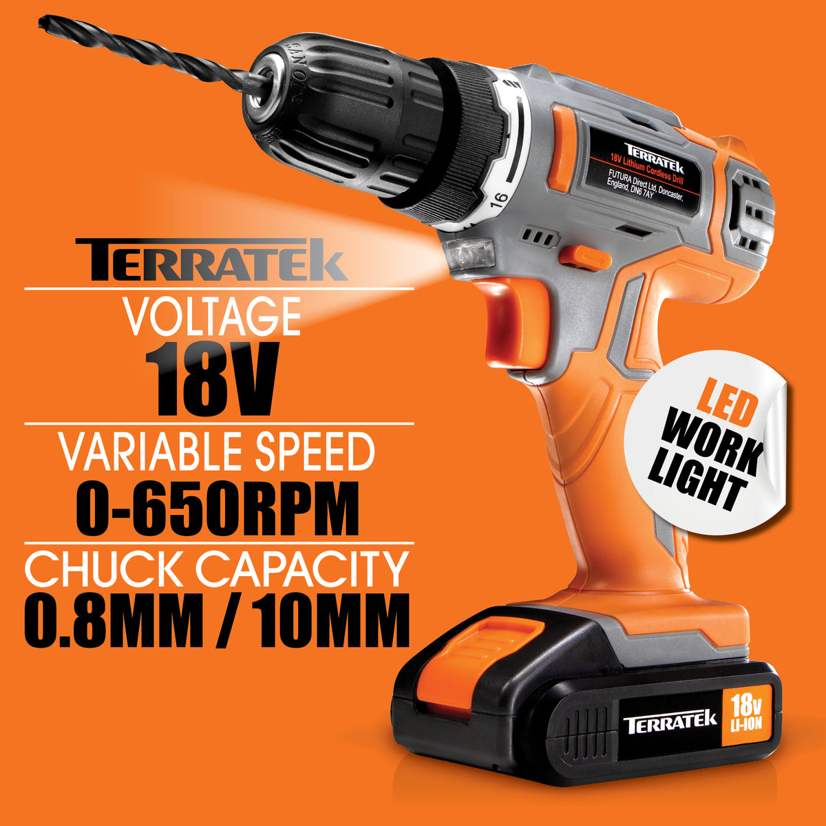 18v Cordless Drill And Screwdriver Set & Drill Bit Kit Li-ion Battery Included, Lightweight Power Battery Drill | 13 Piece Kit – 1x 18v Battery + Charger | Orange