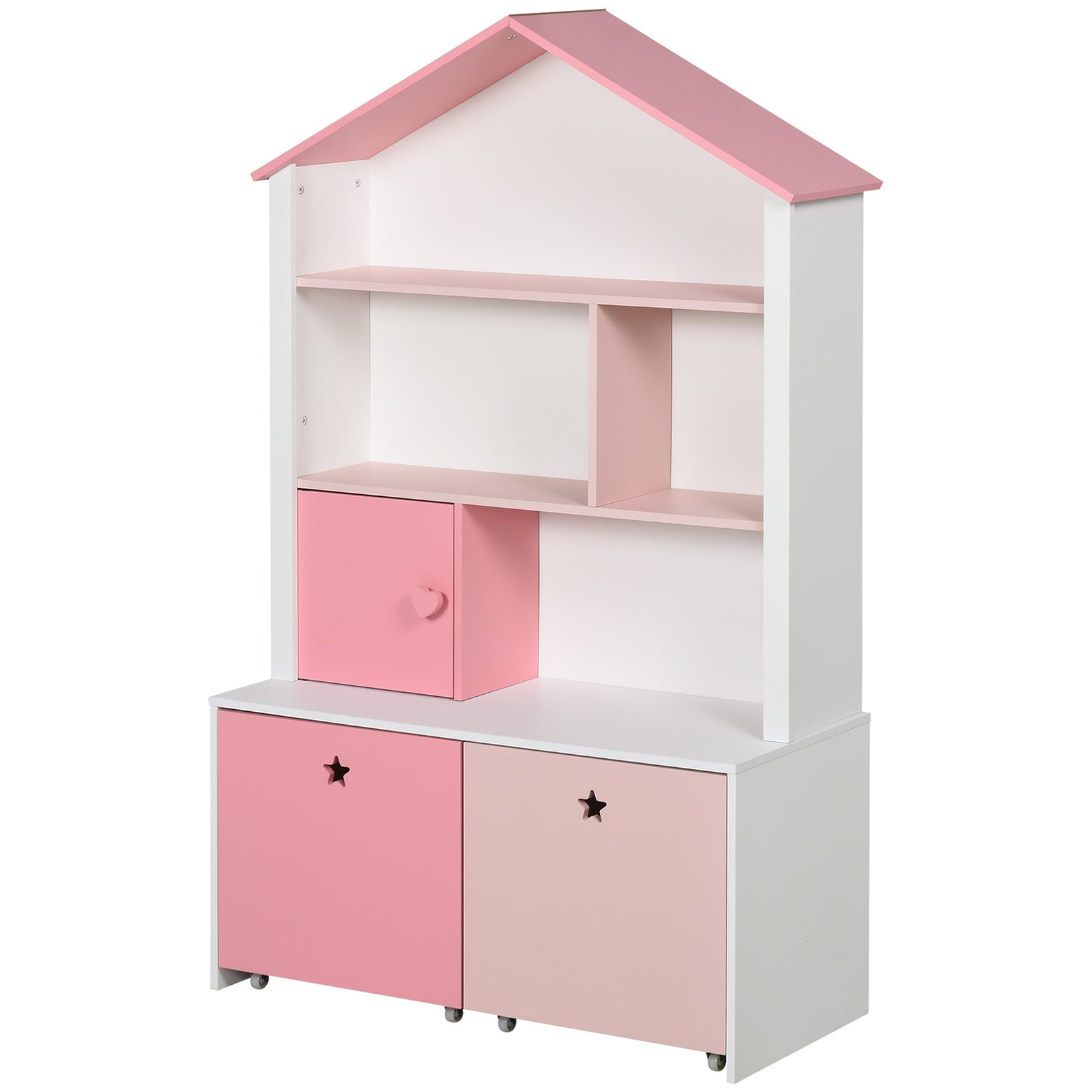 Kids Bookshelf Chest Drawer With Wheels Baby Toy Wood Organizer Pink
