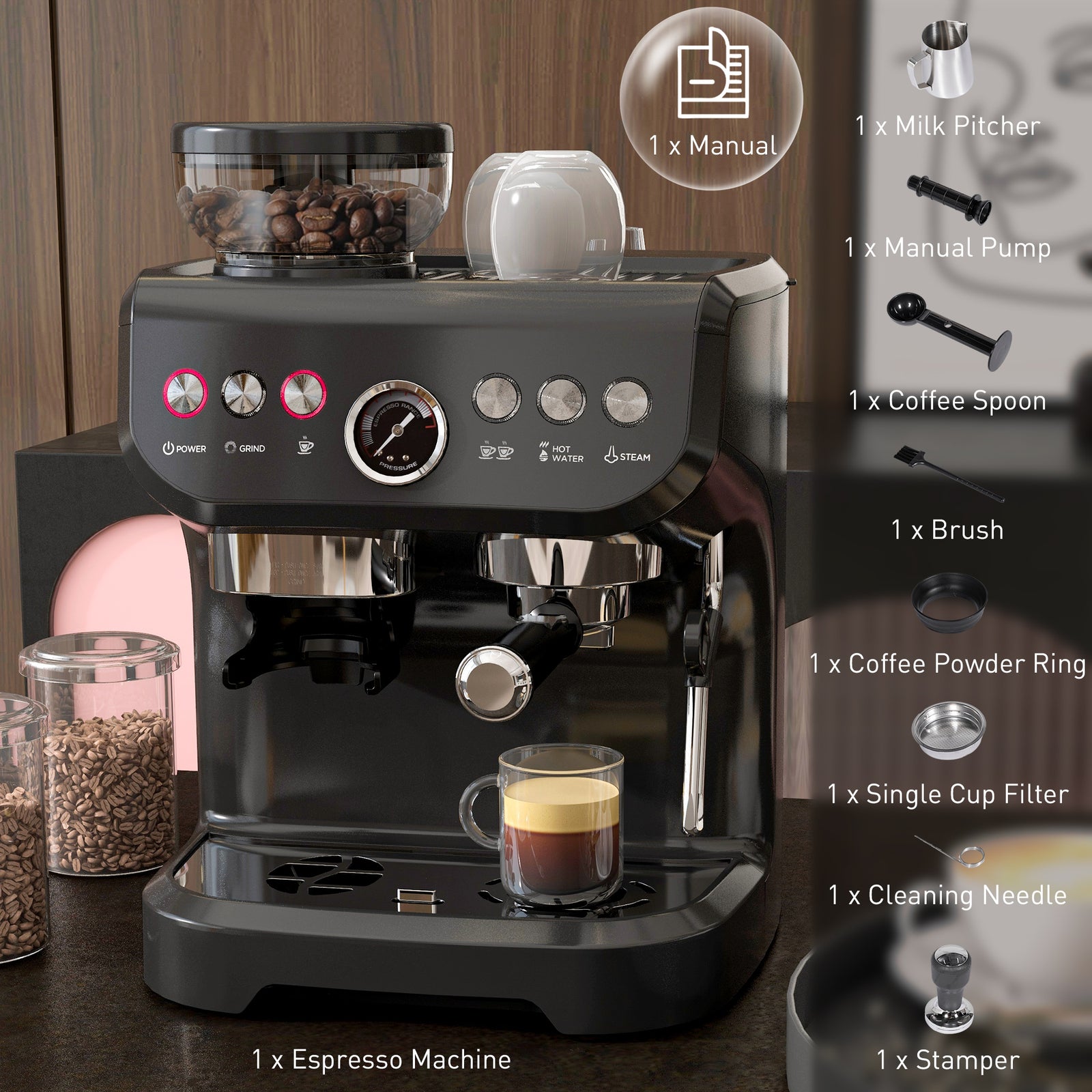 Espresso Machine Bean Grinder And Steam Wand 15 Bar