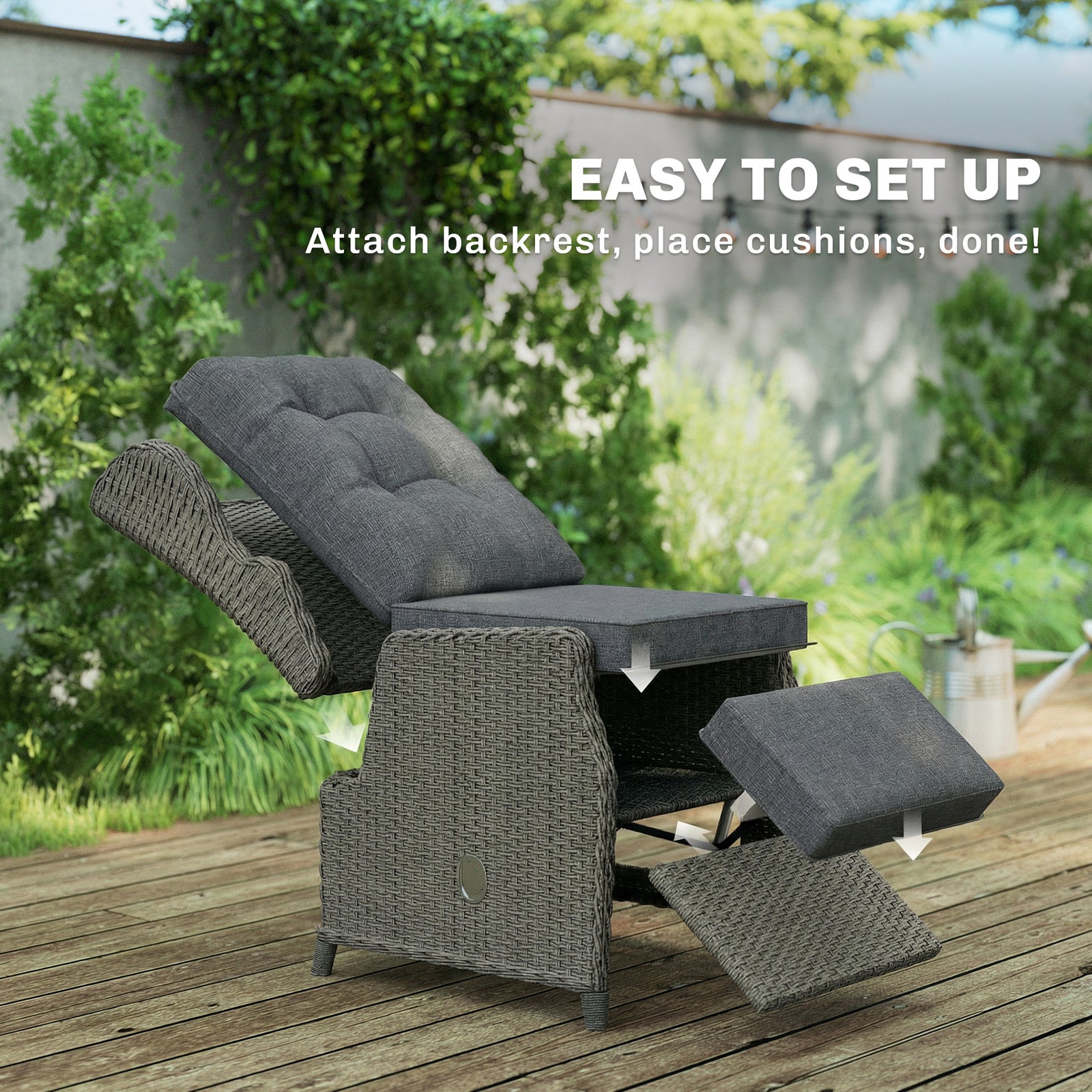 Rattan Garden Recliner Chair With Flip Table | Dark Grey