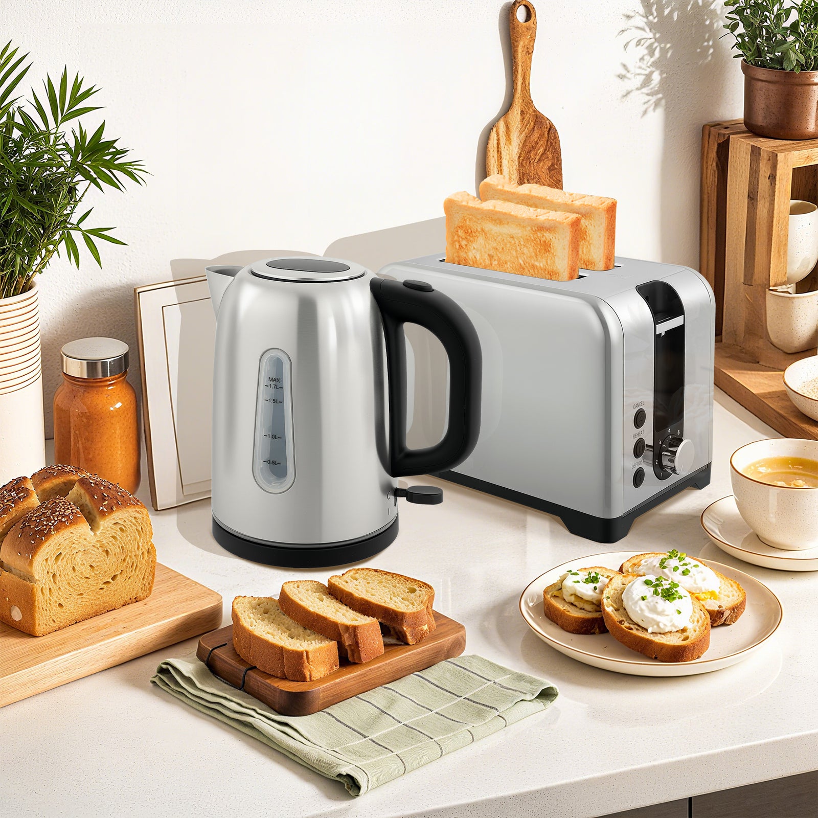 1.7l 3000w Rapid Boil Jug Kettle And 2-slice Toaster Set | Silver