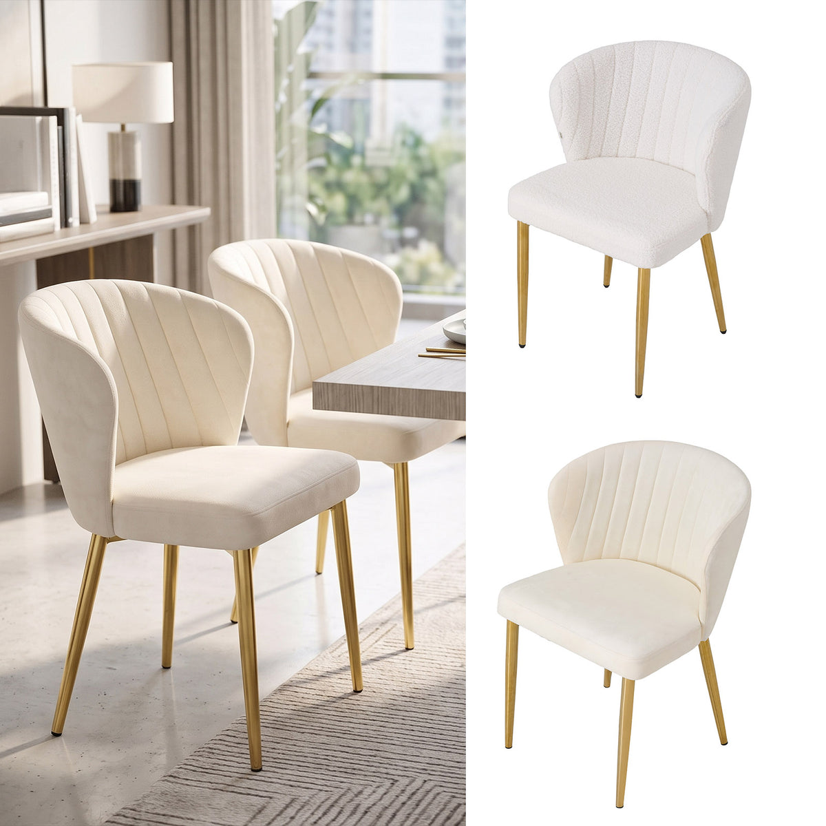 Breeins Set Of 2 Modern Sherpa Fleece Dining Chairs With Gold Metal Legs
