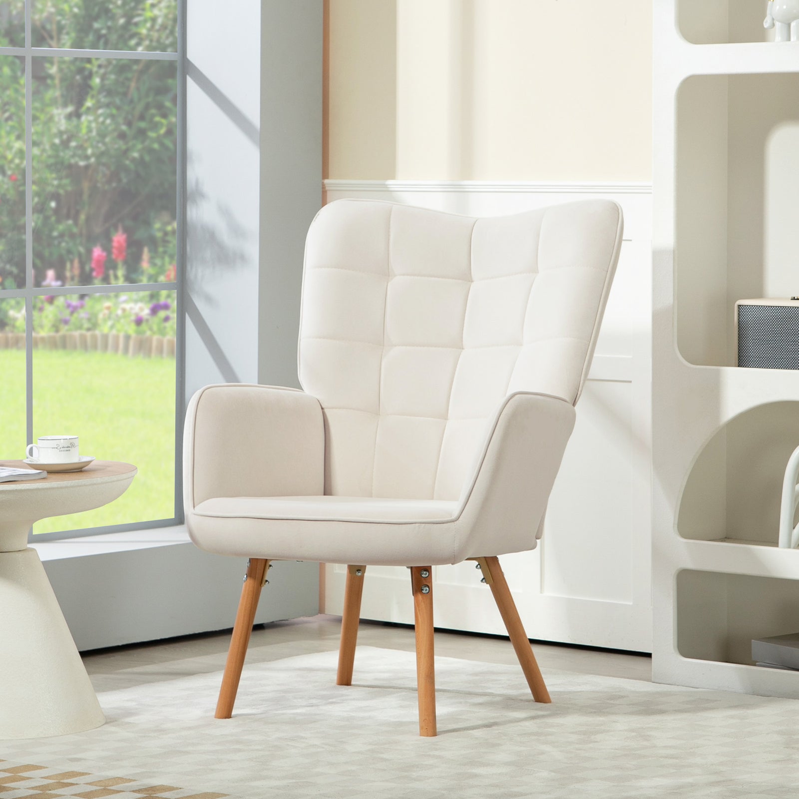Accent Chair Velvet-touch Tufted Wingback Armchair | One Size | Cream