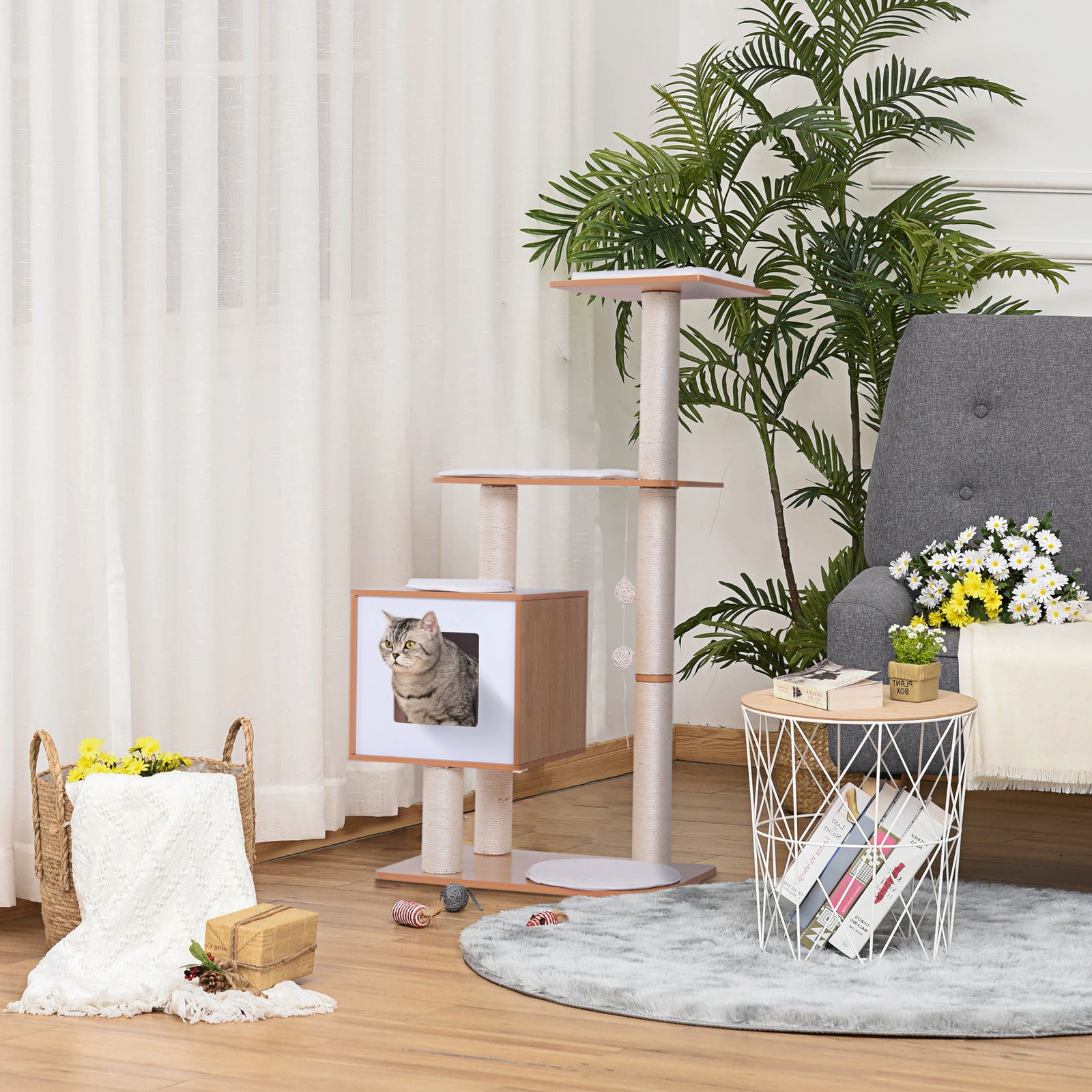 Wood Cat Tree Tower Scratching Post Kitten Activity Centre W/ Cushion