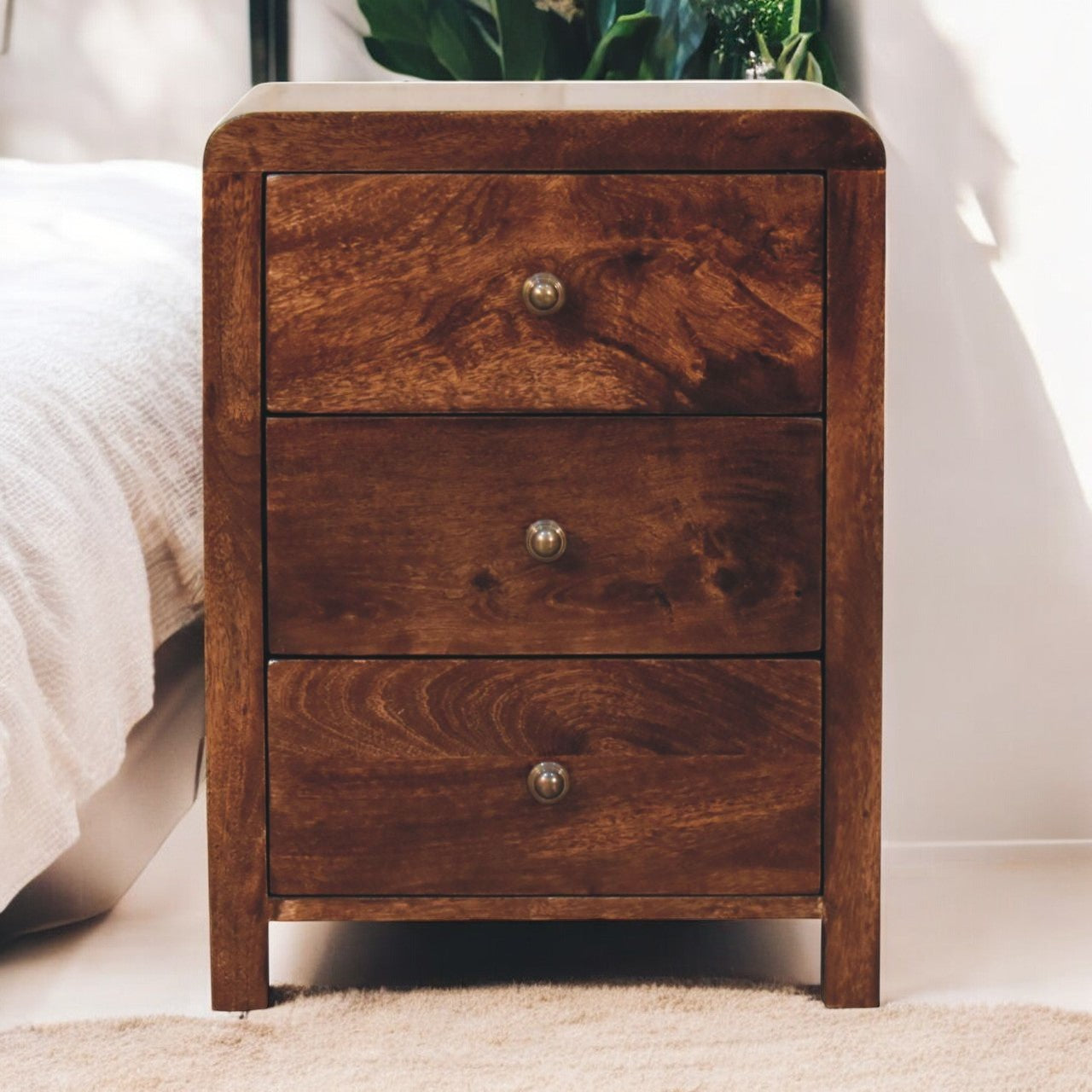 California Walnut Naya Bedside, 3 Drawers, Brown | Brown