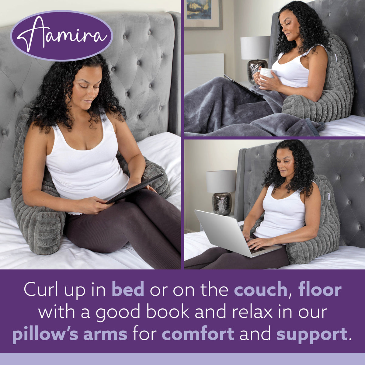 Deluxe Large Reading Pillow, Soft Ribbed Faux Fur, Shredded Memory Foam Cuddle Cuddle Cushion Backrest Arm Support | L | Grey