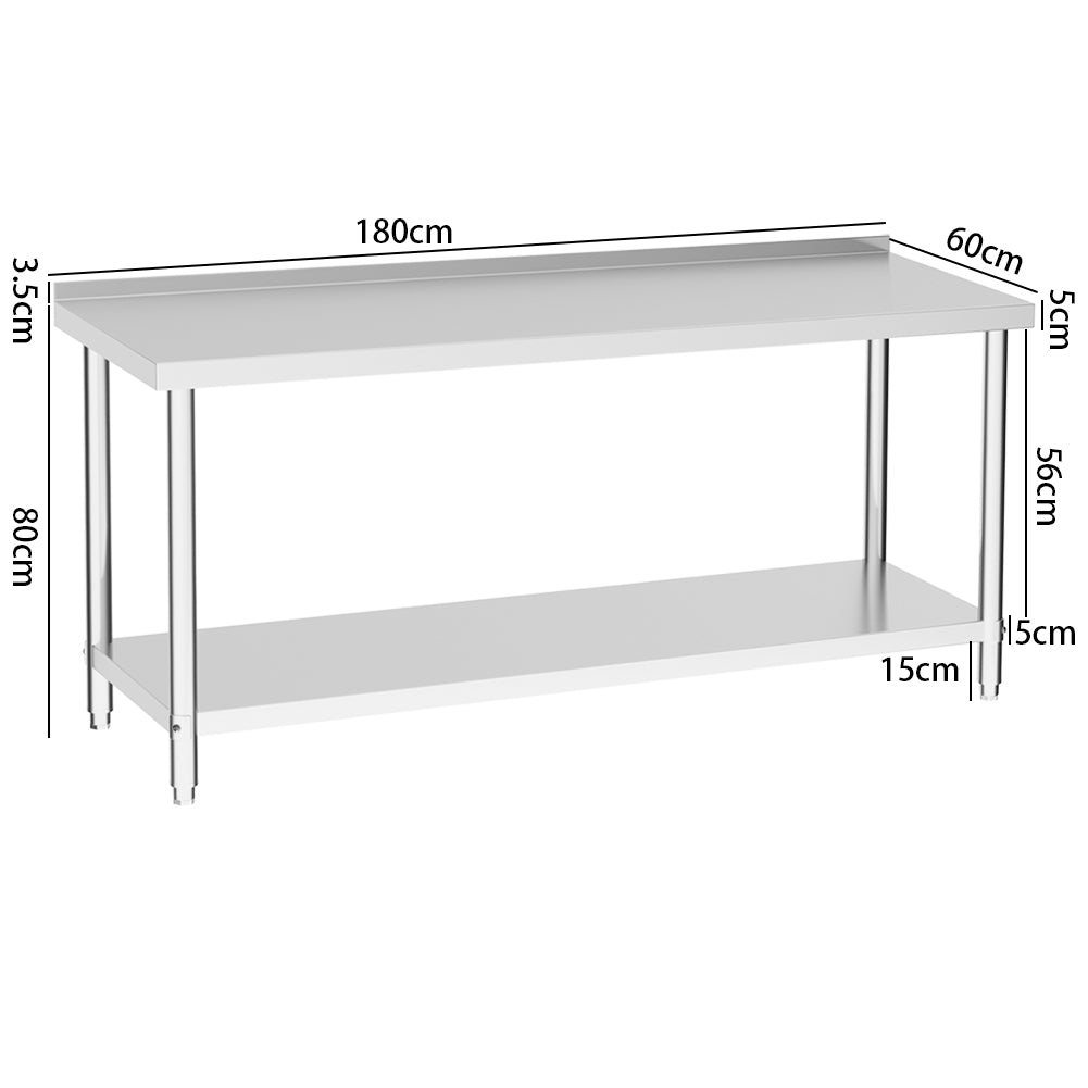 90cm/120cm/180cm×60cm×80cm H Commercial Kitchen Prep 2 Tier Work Stainless Steel Table With Backsplash | Large