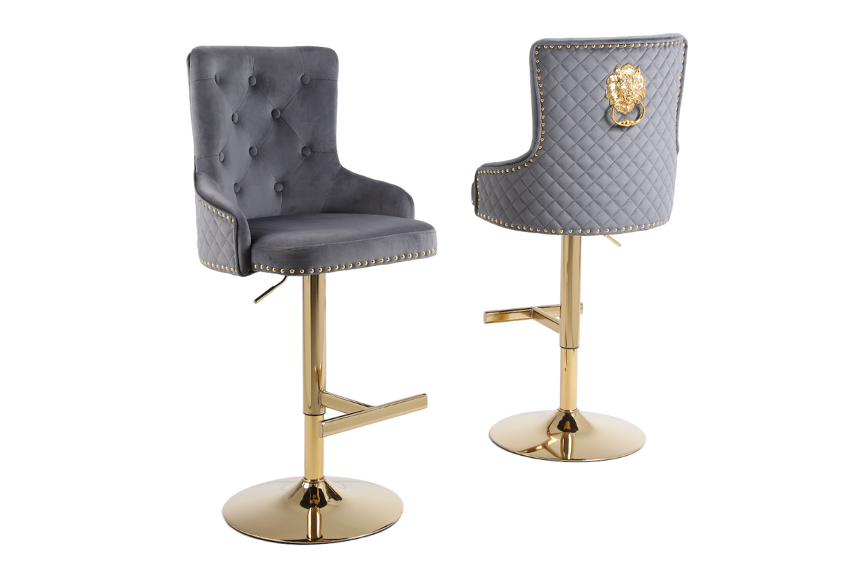 HYGRAD BUILT TO SURVIVE Set Of 2 Velvet Bar Stools With Lion Knocker Back Rest Padded Breakfast Stools