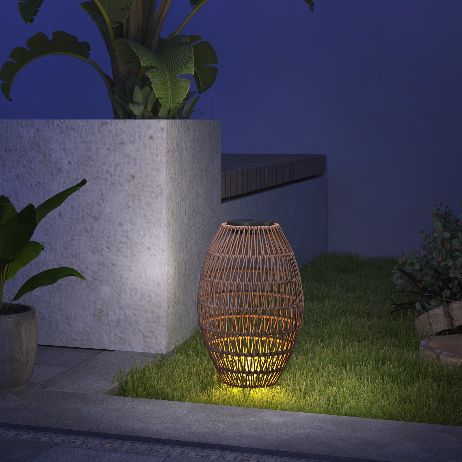Rattan Solar Lamp, Auto On/off Garden Lantern | Dark Brown