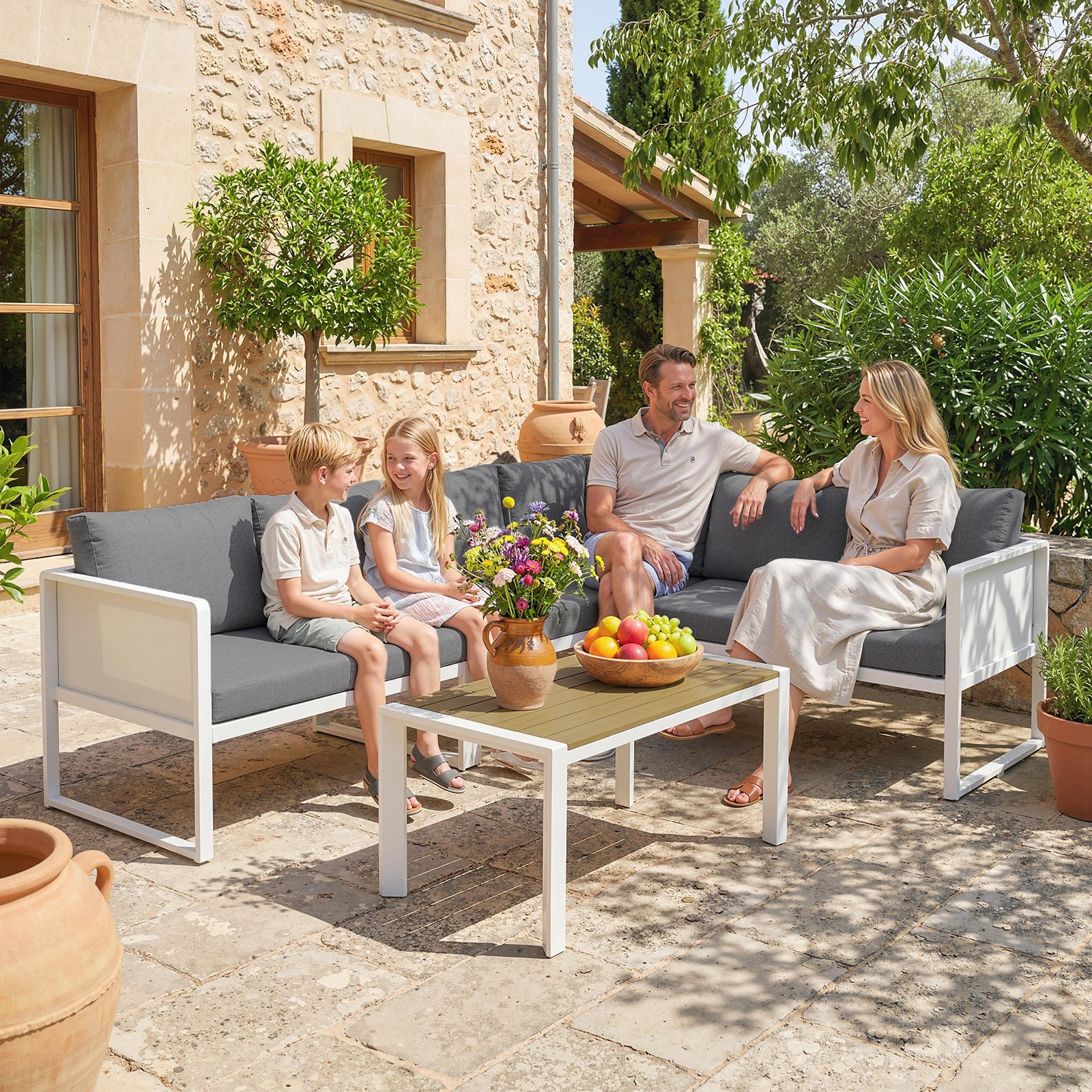 6 Seater Metal Garden Furniture Corner Sofa Set | White
