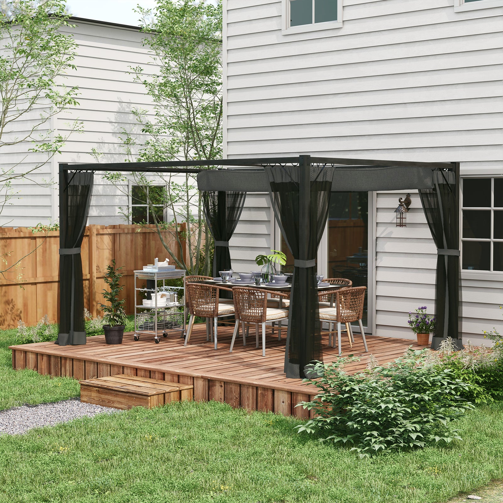 Retractable Pergola Canopy With Netting, Metal Frame | Large | Dark Gray