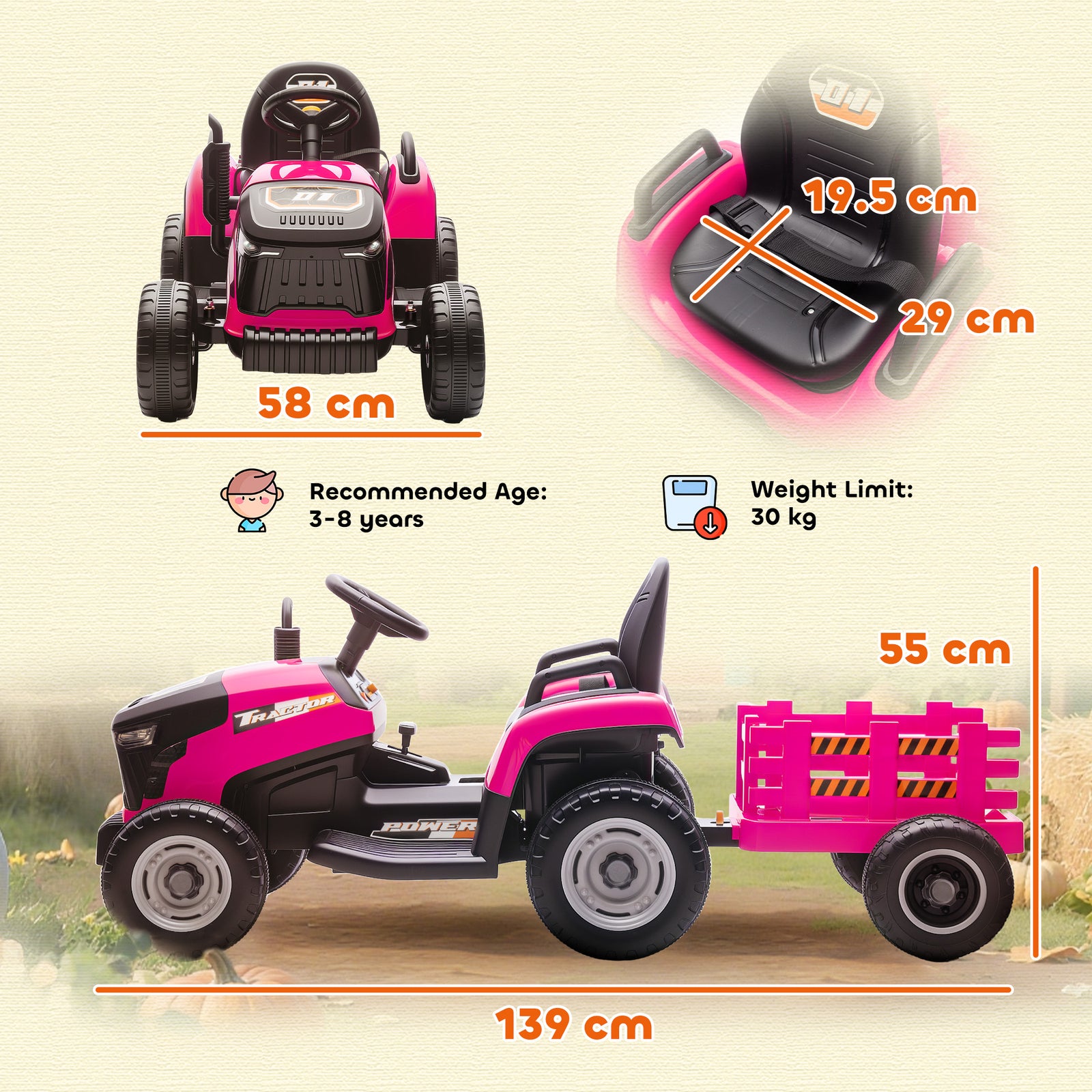Ride On Tractor And Trailer, 12v Electric Ride On Tractor | Pink