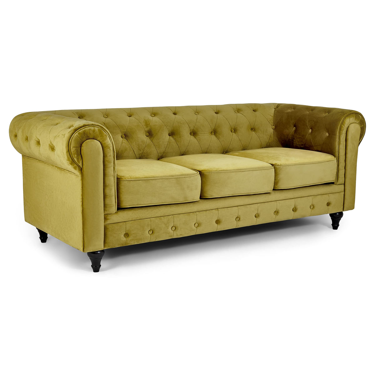 Chesterfield Scroll Arm Velvet Sofa 3 Seater | Olive