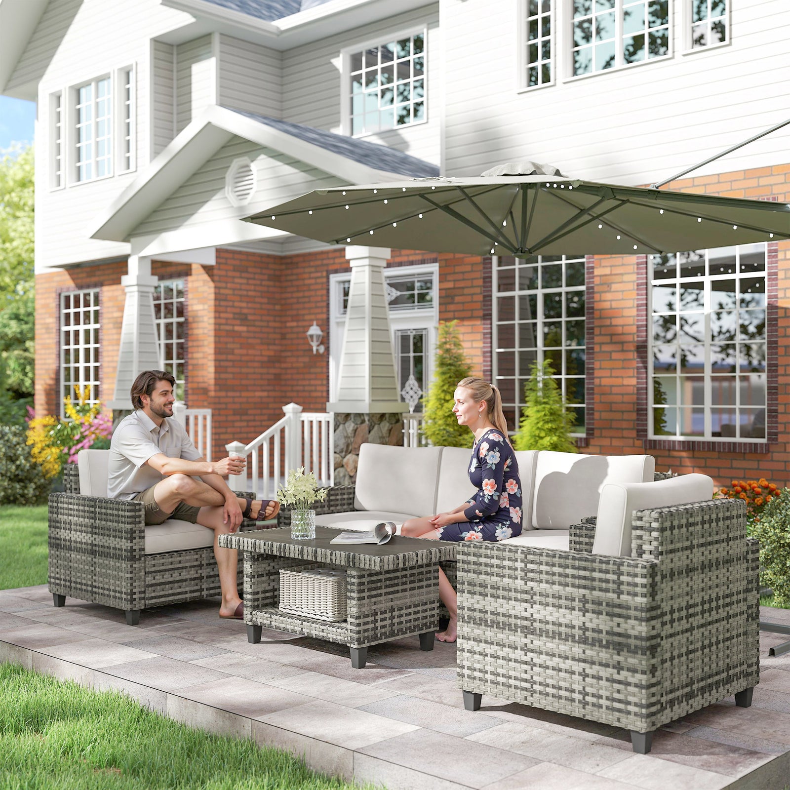 6 Pieces Rattan Set, 5 Seater With Coffee Table, Light Grey