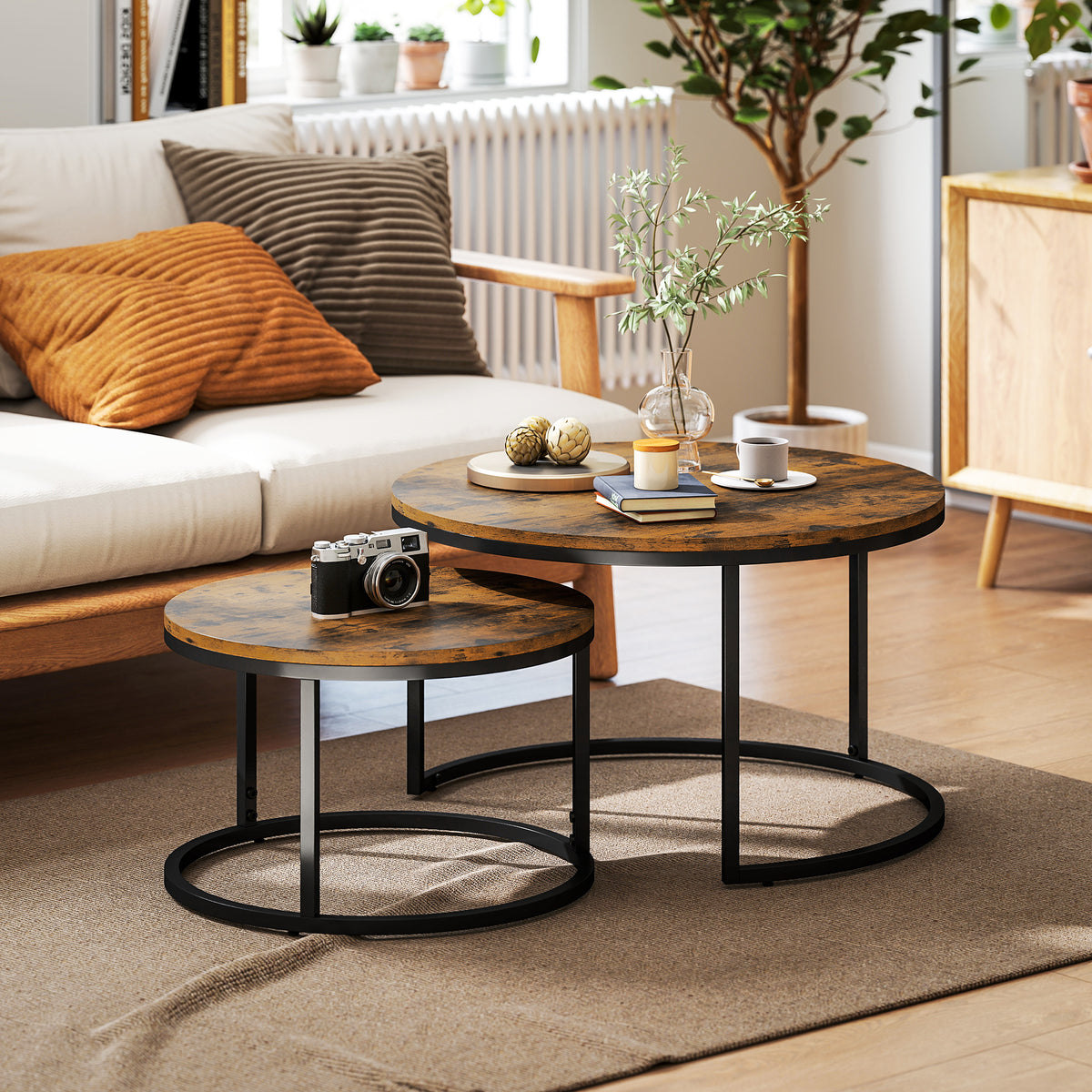 2 Pcs Stacking Coffee Table Set With Steel Frame | Rustic Brown