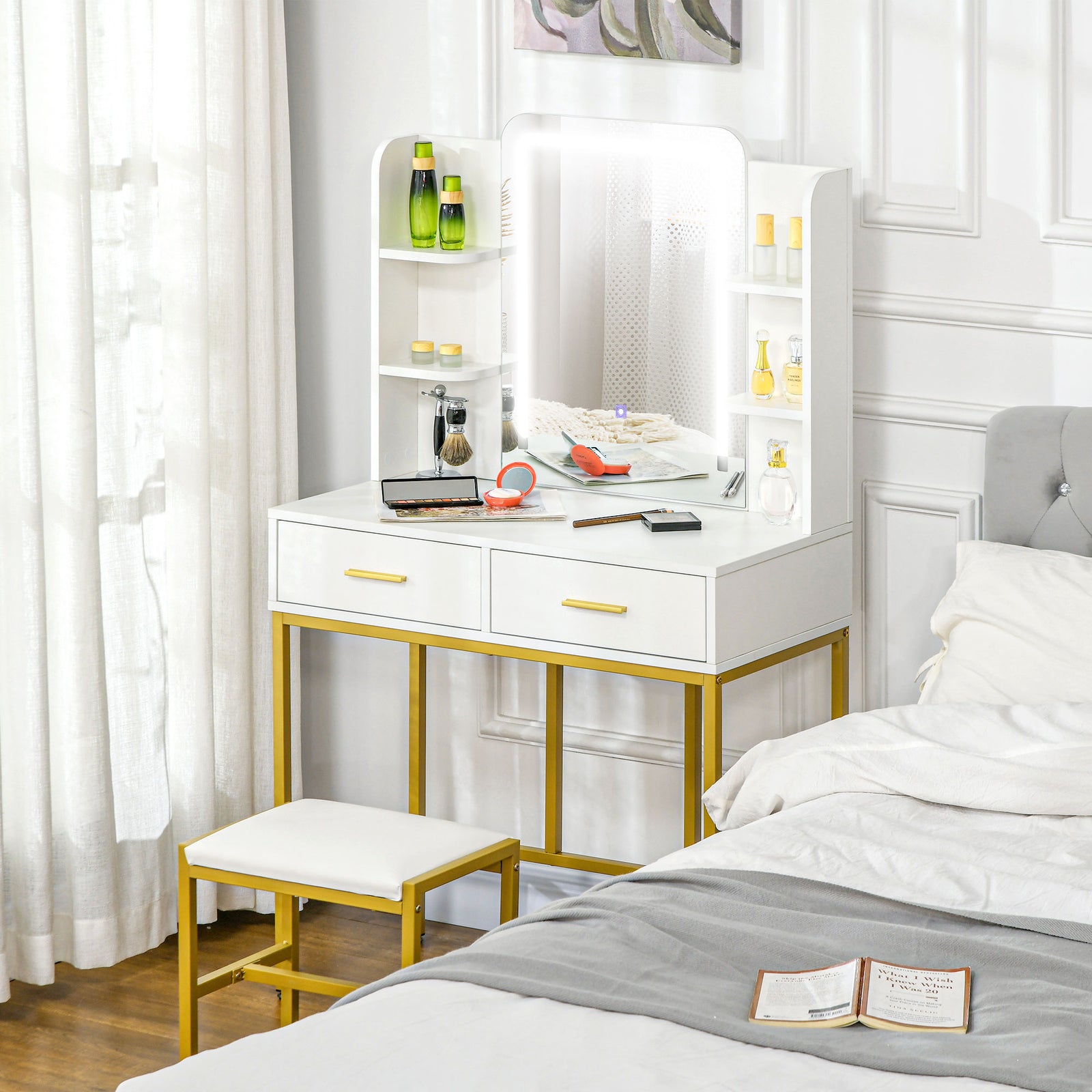 Makeup Vanity Desk Set With Lighting Mirror, Stool, Drawers