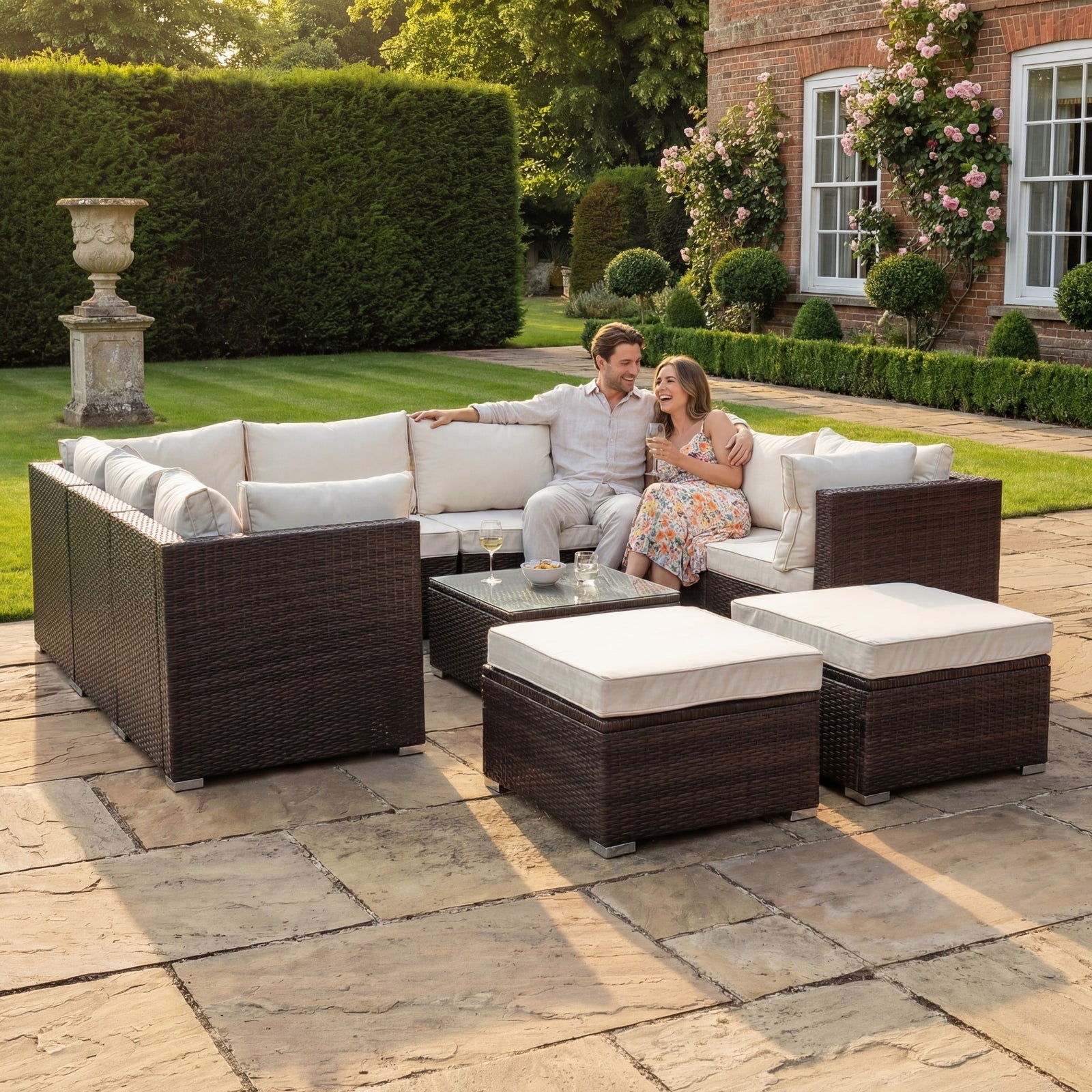 Oliena 10 Seat Modular Rattan Small U-shape Garden Furniture | Cream & Brown