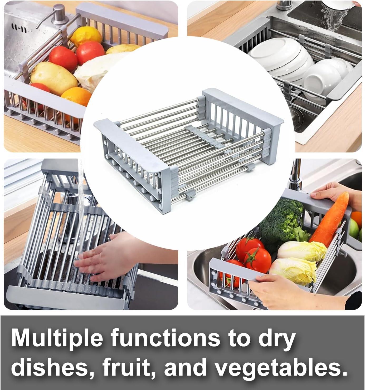 Stainless Steel Retractable Kitchen Sink Rinse Basket Shelf, Grey